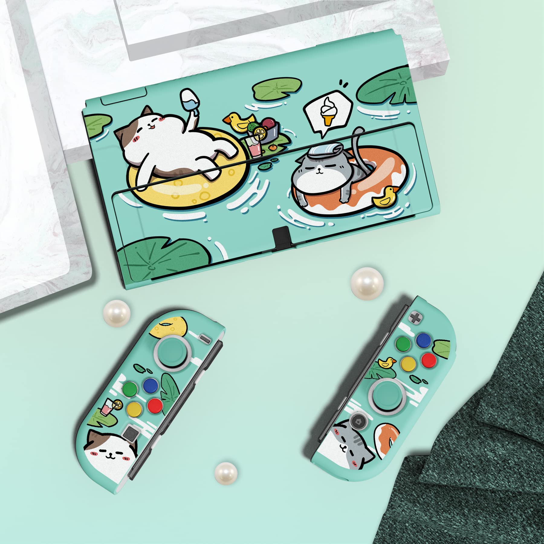 PlayVital Funda Suave para Nintendo Switch OLED - Carcasa Protectora Ergonómica para Joy-con, Grip Antideslizante con Tapas de Joysticks y Botones ABXY & Dirección (Gatos en Piscina) — view 4