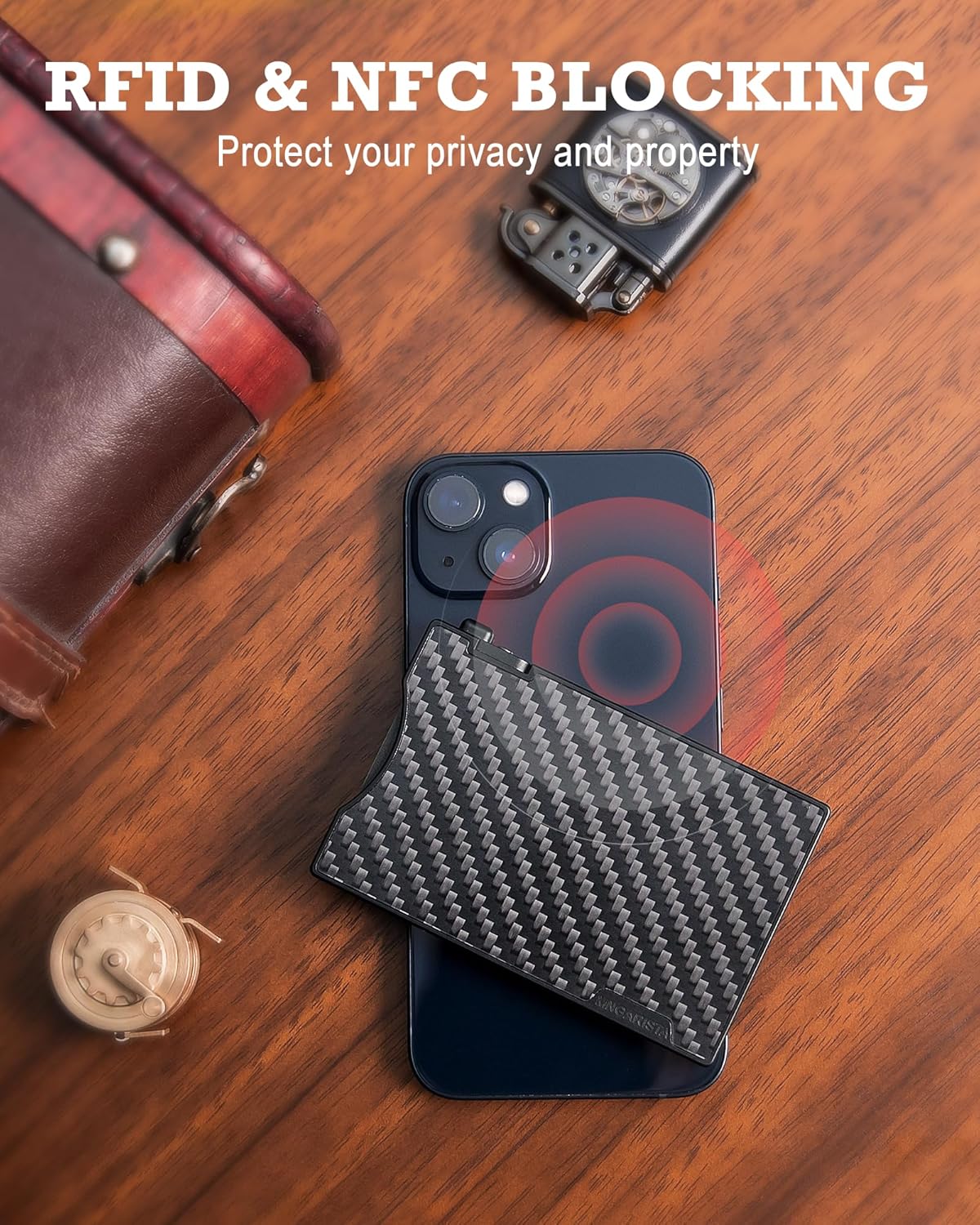 MNGARISTA Minimalist Slim Metal Wallet for Men, Pop Up Credit Card Holder with 3K Carbon Fiber Cover and Detachable Money Clip, RFID Blocking Wallet for 4-6 Cards (Black) - Image 3