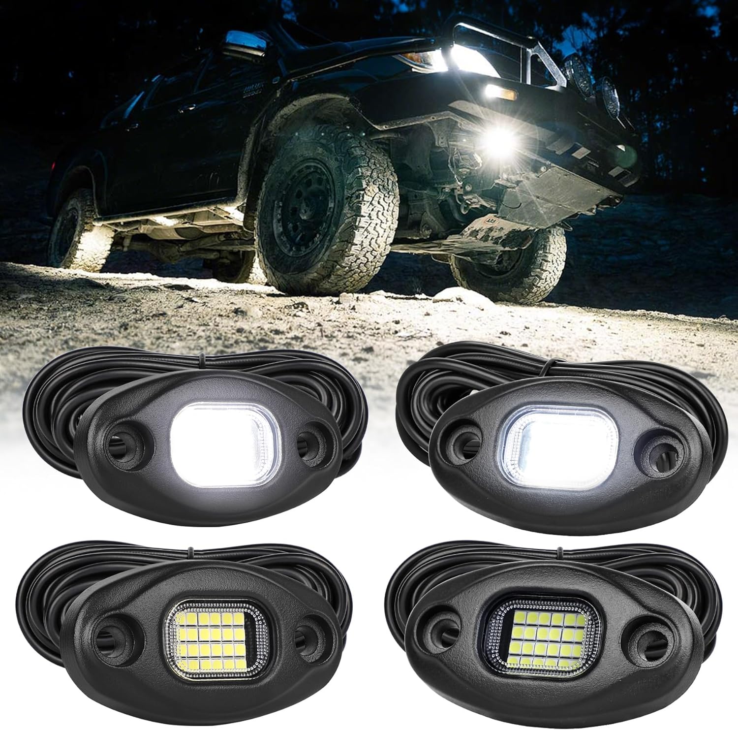 White Rock Lights with 15FT Wire Extender, Aluminum Case, 24Chip High Power 6000k Pure White, Waterproof IP68 Underglow Lights for Trucks Jeep UTV ATV (4 PCS)