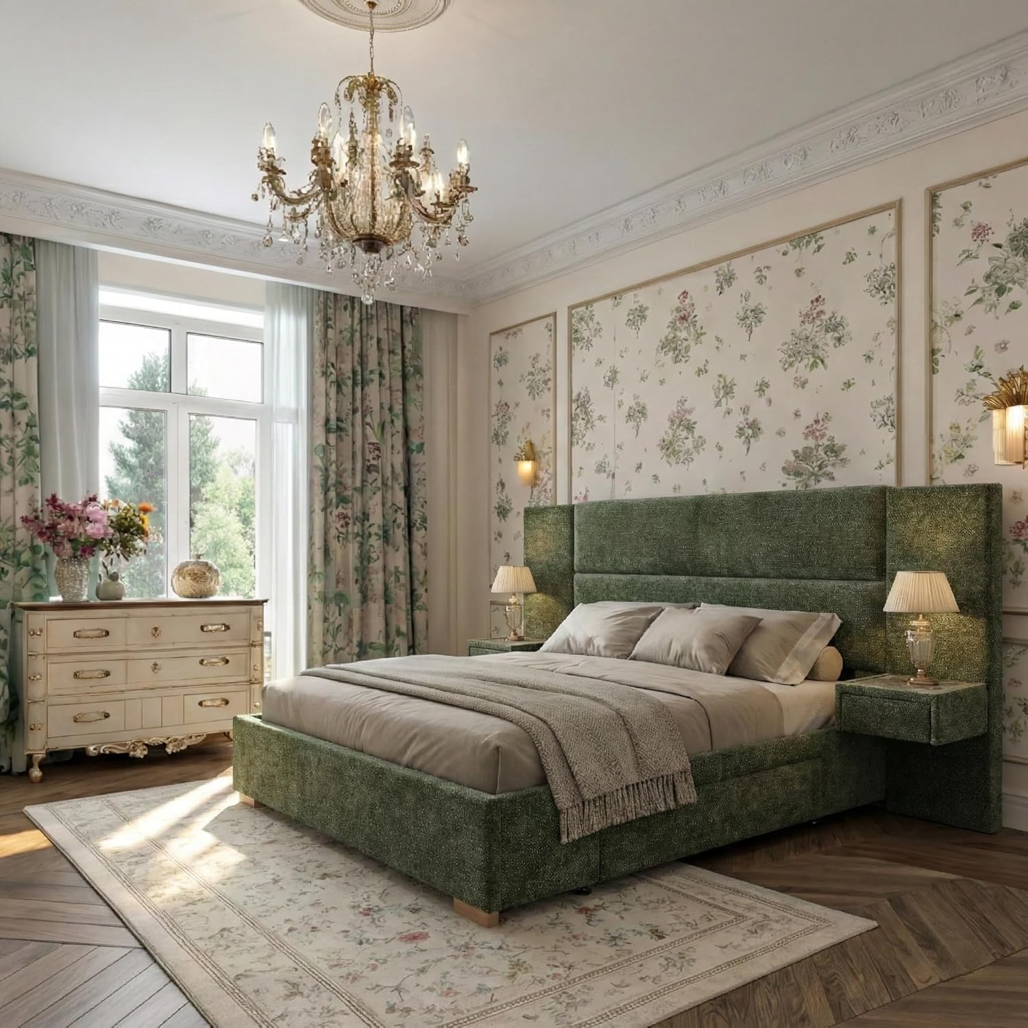 Queen Size Upholstered Platform Bed Frame with 2 Side Storage Drawers & Built-in Nightstands, Linen Headboard, Sturdy Metal Frame, Noise-Free, No Box Spring Needed, Turtle Green