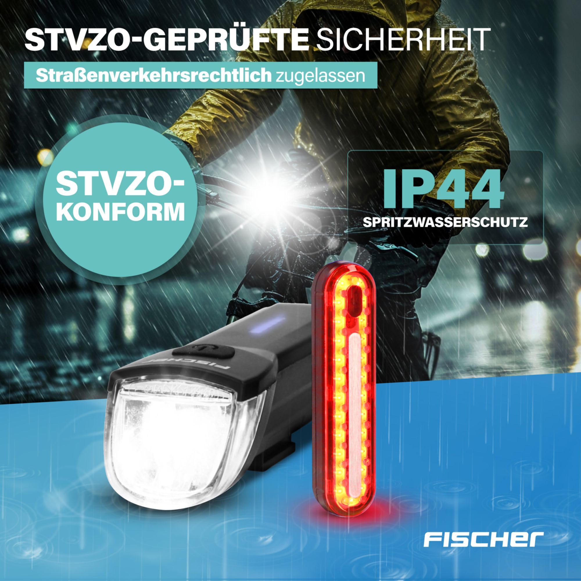 FISCHER Zestaw oświetlenia rowerowego Stop 30/15 Lux ze światłem hamowania, przednie i tylne światło, z akumulatorem i funkcją ładowania USB, 2 funkcje świecenia, ochrona przed pryskającą wodą zgodnie