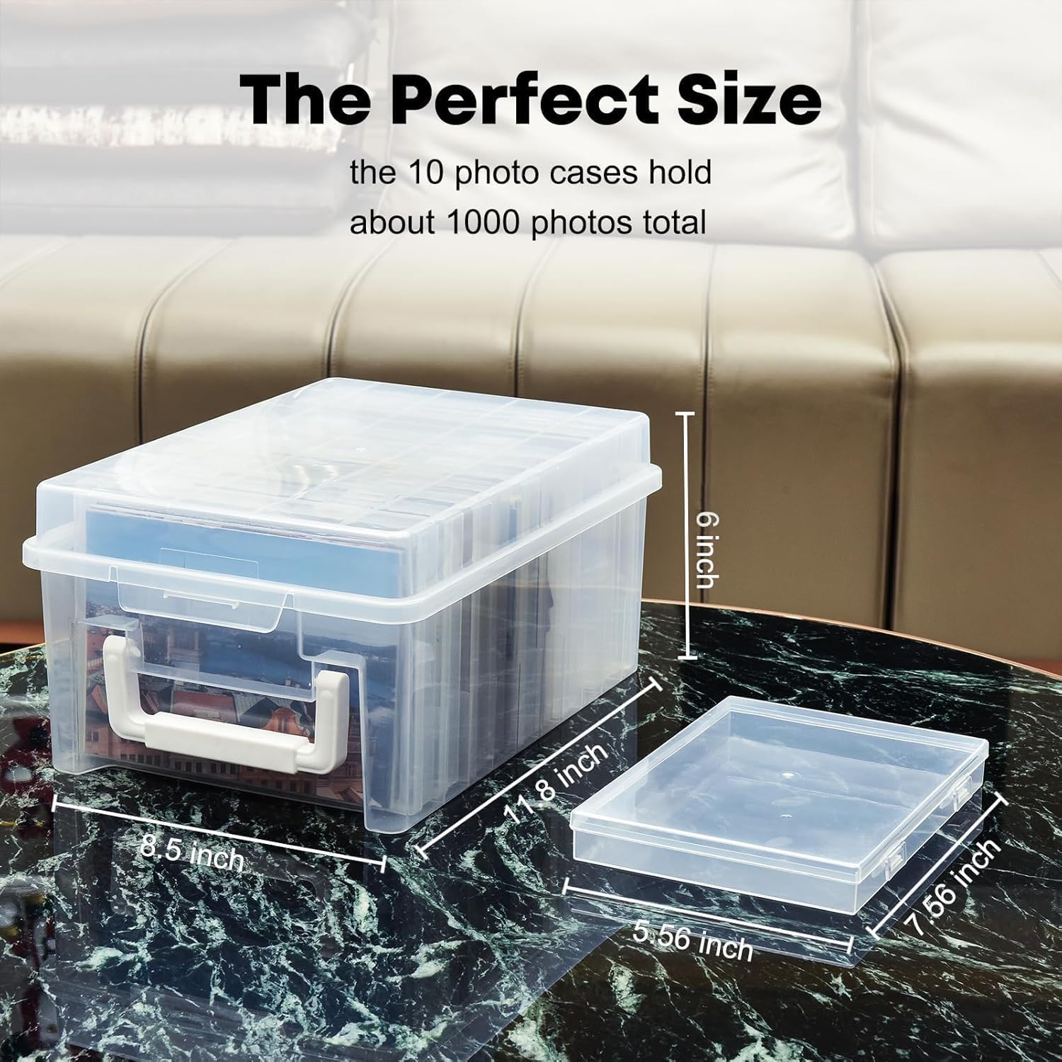 VITEVER Caja de almacenamiento de fotos con asa, 14 x 19 cm, caja de fotos, organizador de fotos, 10 soportes interiores para fotos, cajas de fotos, organizadores de plástico para semillas, tarjetas,