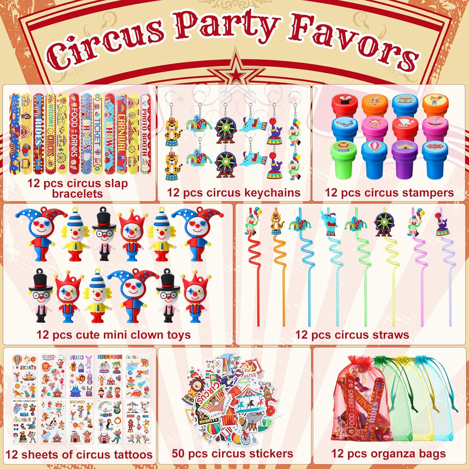 Shappy 134 Pcs Circus Party Favors Set Circus Slap Bracelets Cute Clown Keychains Straws Stampers Tattoos Stickers Organza Bags for Carnival Birthday Party Decorations Supplies