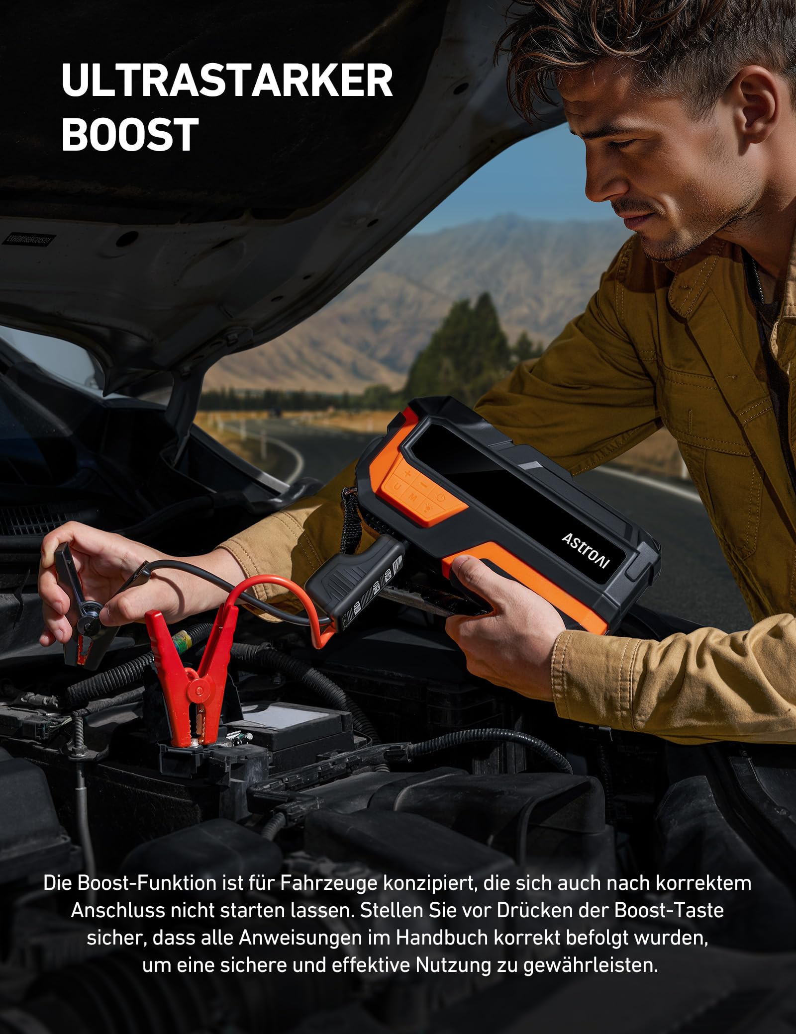 AstroAI Auto Starthilfe Powerbank für pkw mit 150PSI Kompressor, 8000A Starter Powerbank für 10 L Benzin / 8 L Diesel,für 12 V Autos, Motorräder, SUVs, Booster Auto Starthilfe mit LED-Display, Orange