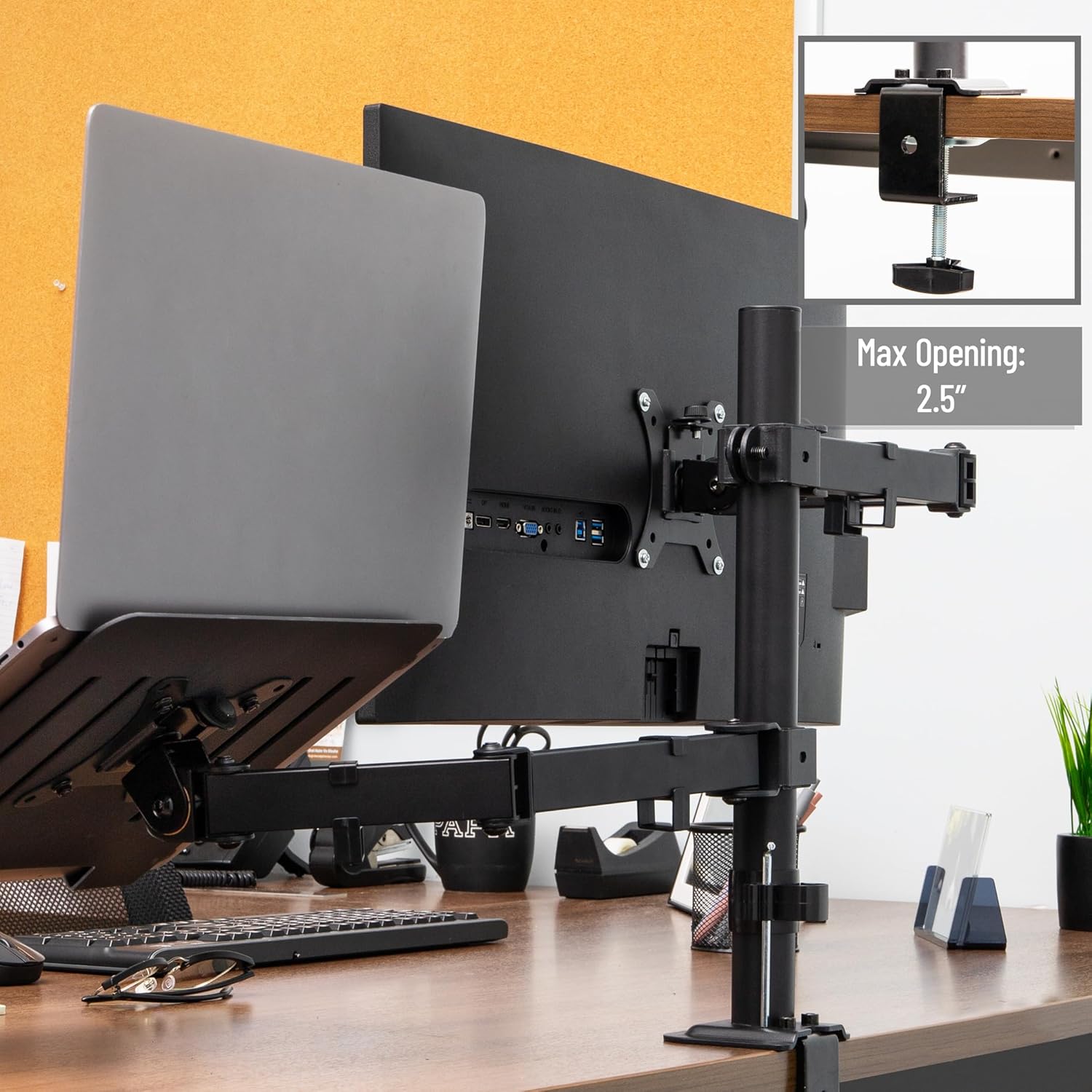 Mind Reader Dual Arm Monitor and Laptop Desk Mount, Adjustable Stand for 17"–32" Screens, VESA 75x75/100x100, 180° Rotation, ±90° Swivel, ±90° Tilt, Black