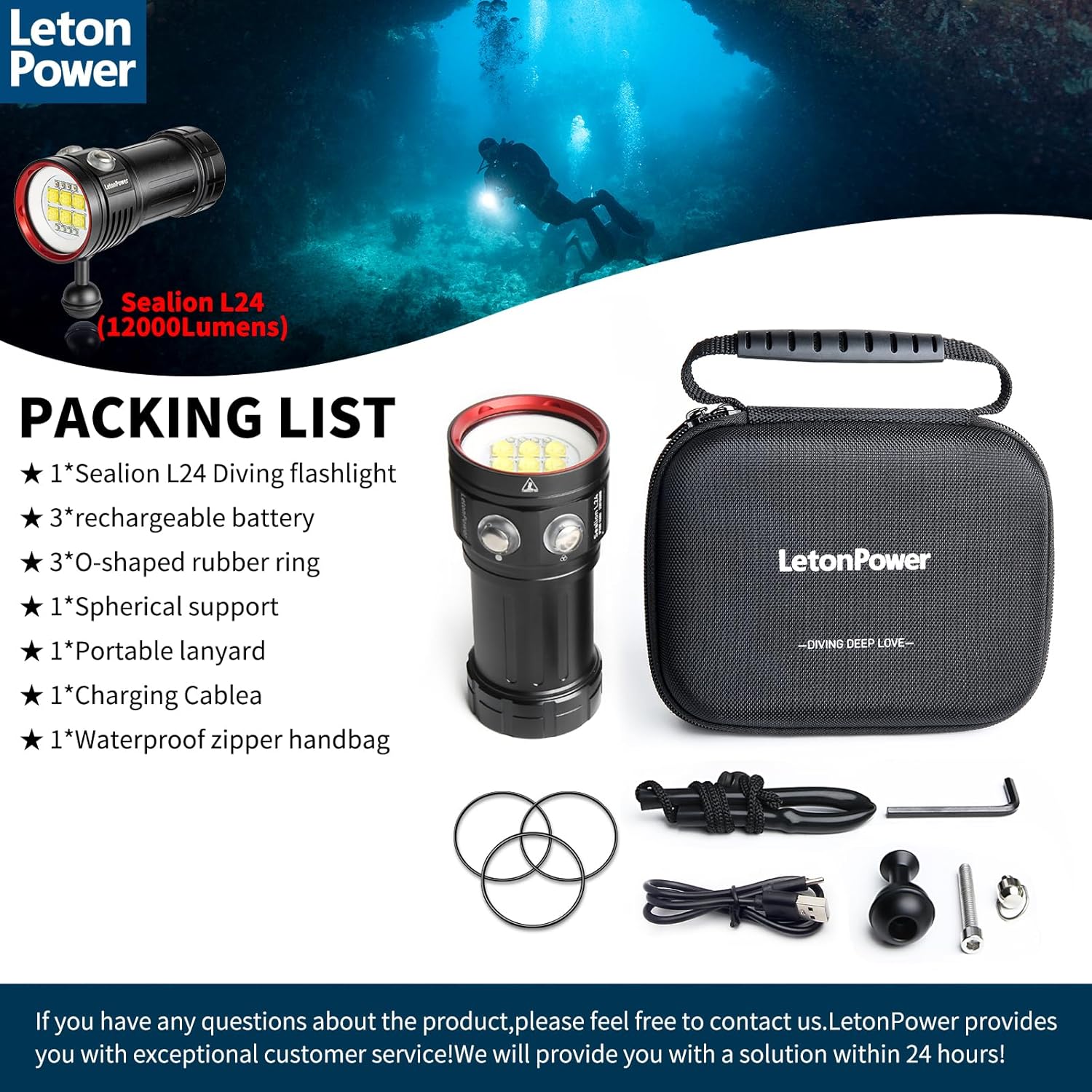 Diving Flashlight, L24 12000Lumens Dive Light,100m Underwater Video Light, Scuba Dive Lights, Underwater flashlights with Type-C Charging for Professional Under Water Sports - Image 8