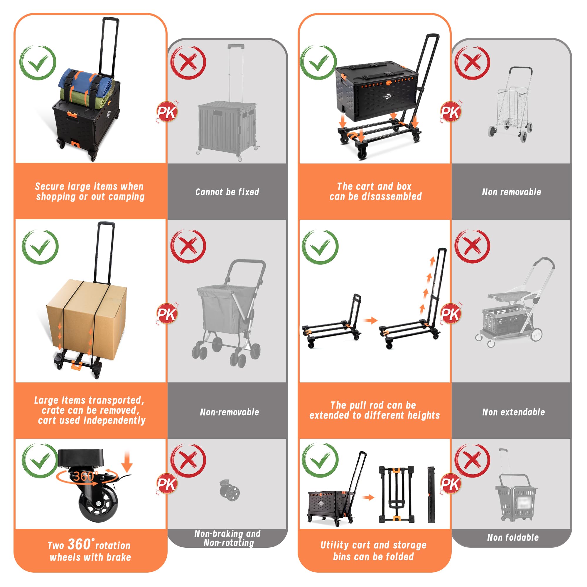 Carrito de la Compra Carro Utilitario con Una Caja de Almacenamiento Plegable Separada 60L Gran Capacidad Carro de Mano Plegable con Ruedas de Goma con Freno Giratorias en 360°y Tapa Carro Compra