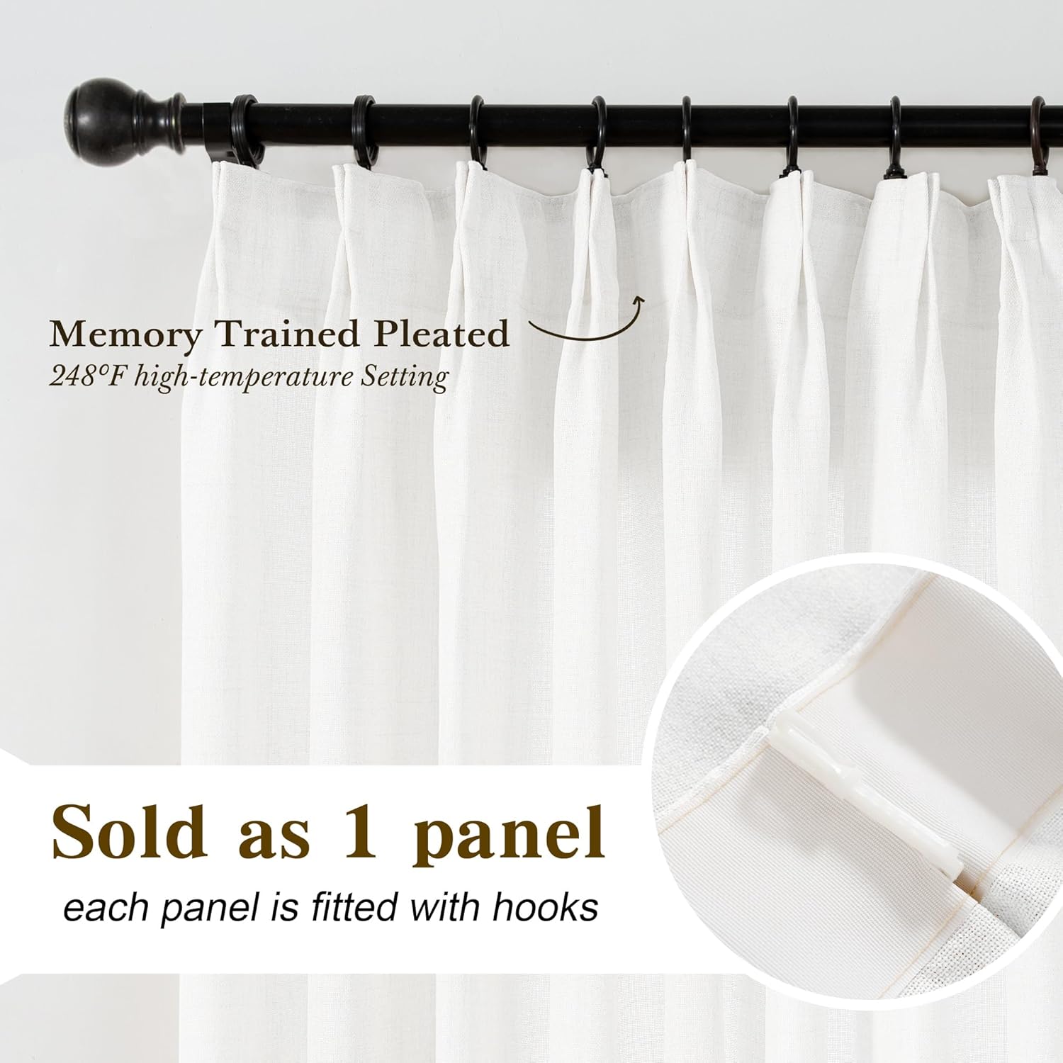 kangbang pinch pleated linen curtains,120 inches long faux linen pleat drapes for living room, extra long ceiling semi privacy pleat drapes with adjustable hooks, white,52 "wx120 l,1panel