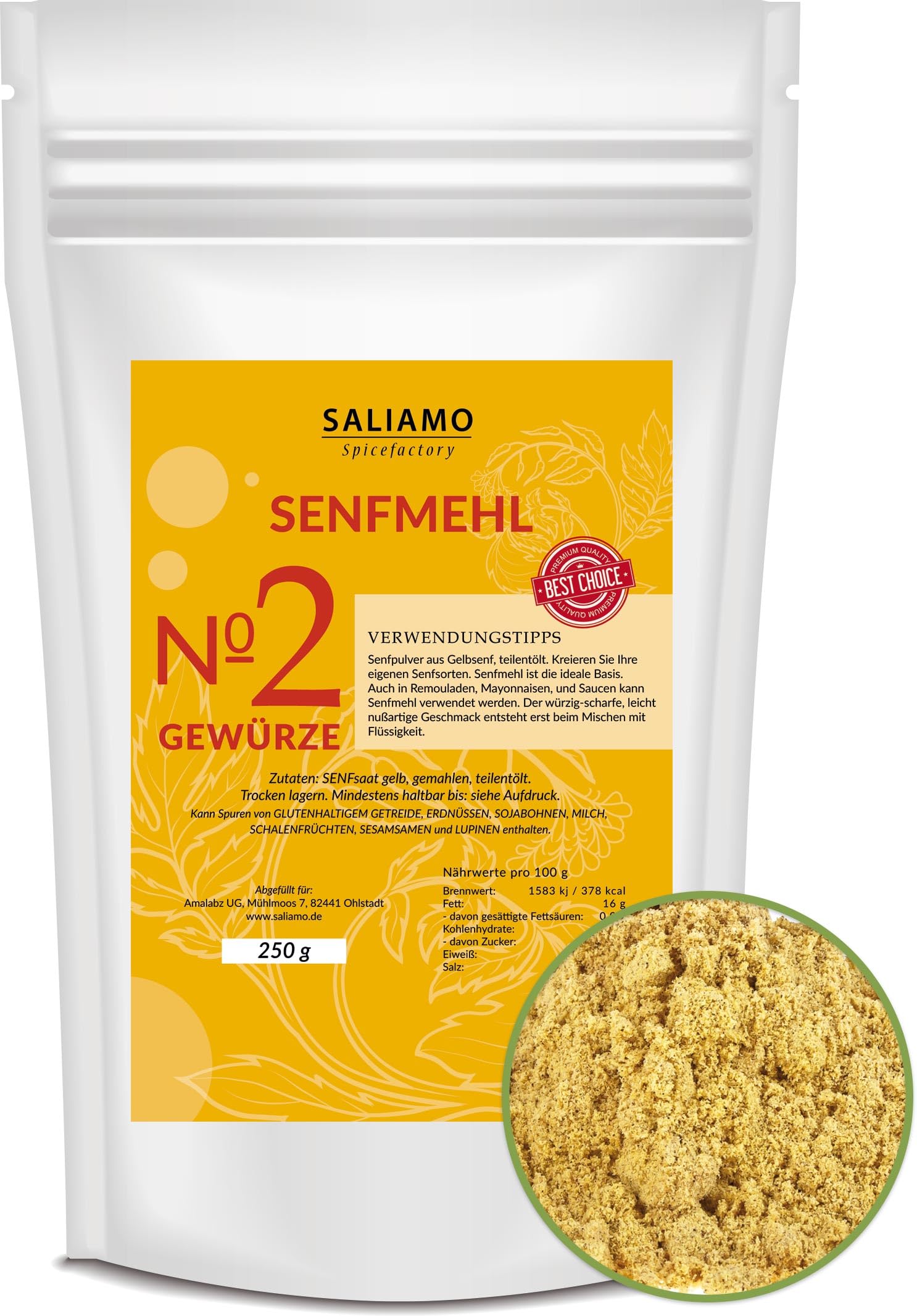 Saliamo | 250g Senfpulver, Senfmehl, Senfkörner gemahlen, teil entöltest Senfpulver - eignet sich zu Herstellung von Senf, 100% naturrein aus Senfkörnern gewonnen.