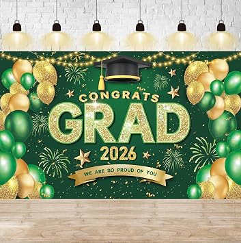 Green and Gold Graduation Decorations Congrats Class of 2026 Banner - Large Graduation Backdrop, Congratulations Banner Grad Party Decorations Class of 2026-72x44 Inch