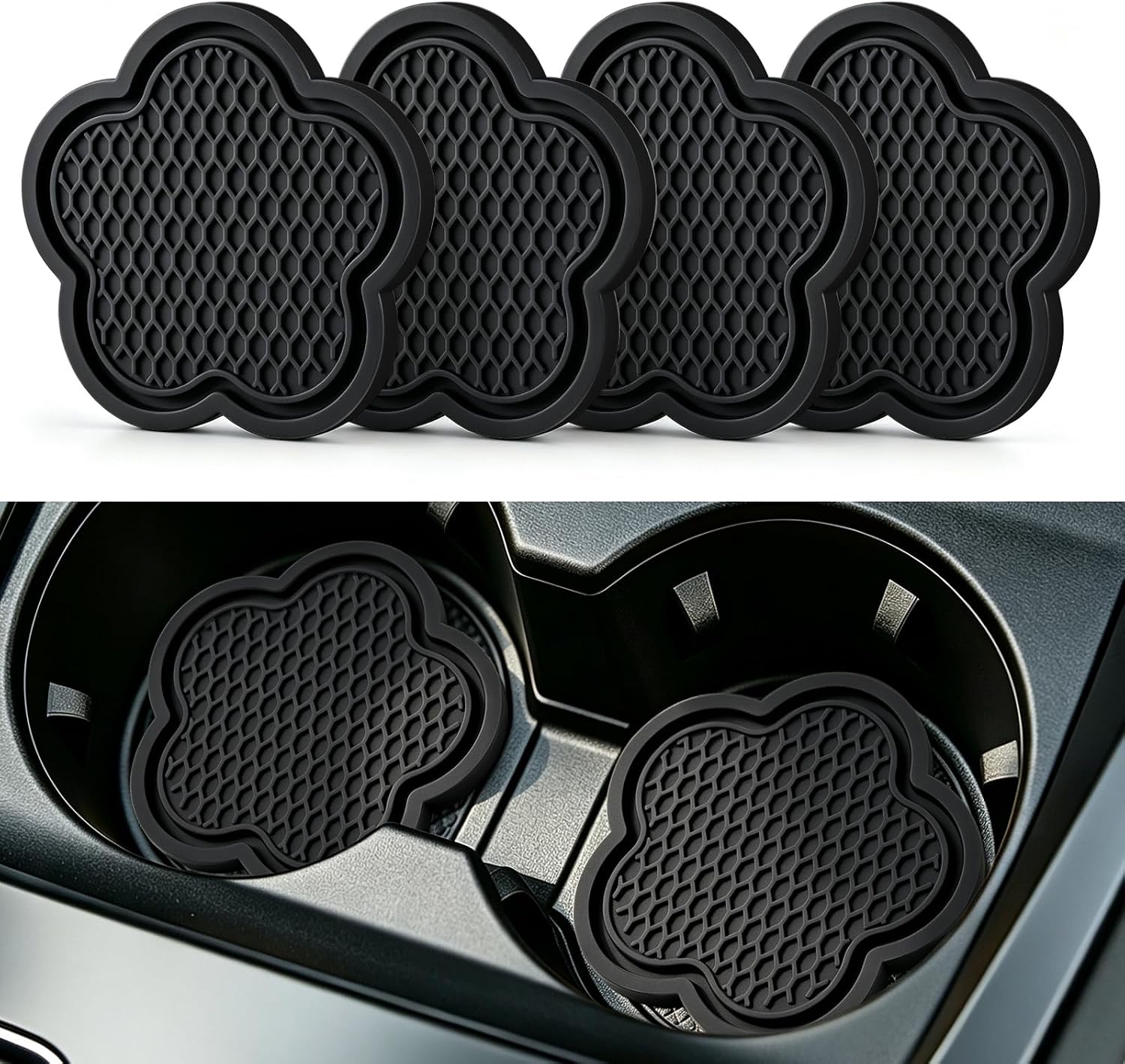 GaRhomxy Car Cup Holder Coaster, Universal Non-Slip Recessed Flower Shaped Cup Holders, Cute Car Accessories Interior for Women and Man Interior Sets 4 Pack (Black)