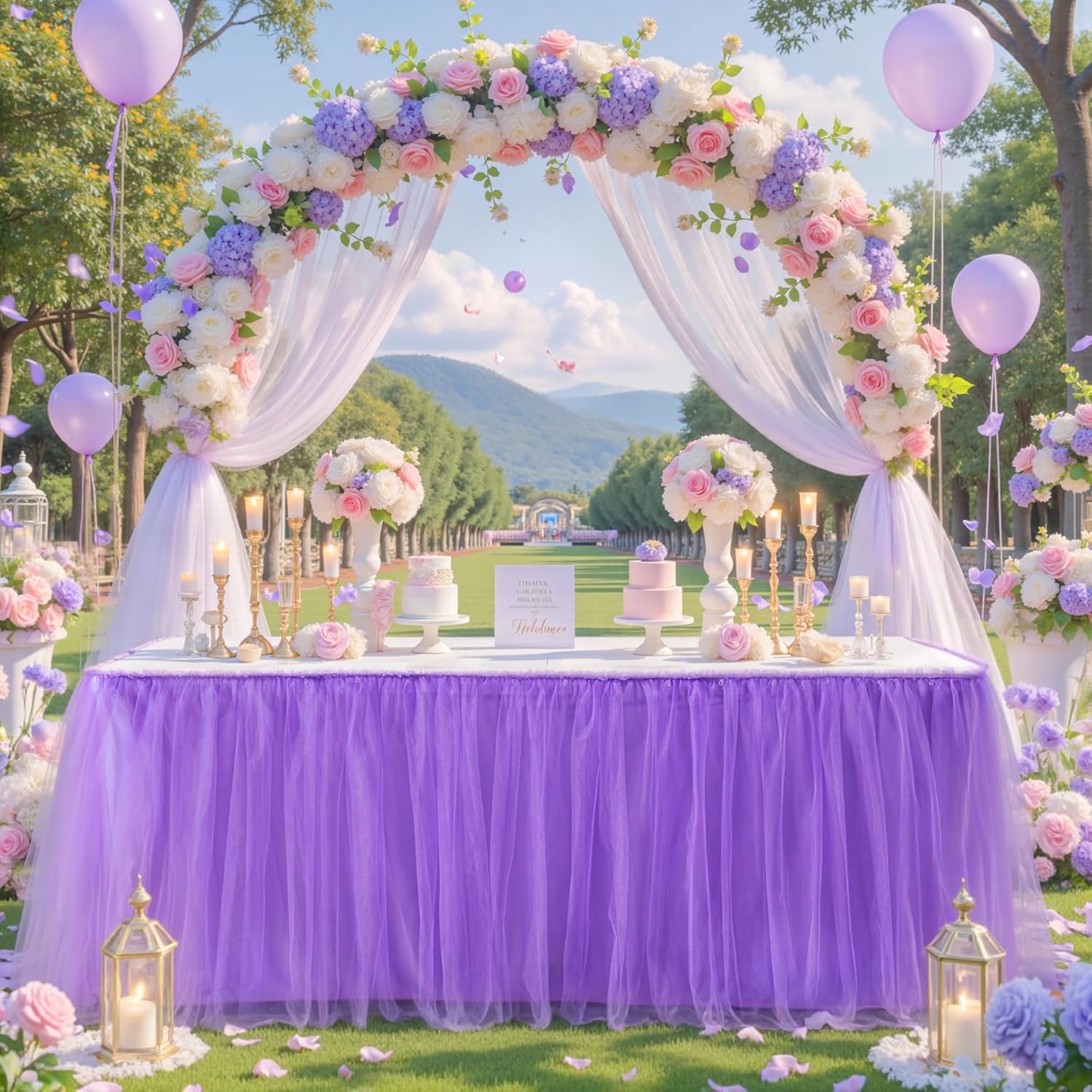 PARTISKY 12FT Length Purple Tulle Table Skirt for Rectangle Round Tables 2-Layer Ruffle Tulle Tutu Cloth Desk Table Skirt for Baby Shower Girl Birthday Party Wedding Cake Dessert Decorations