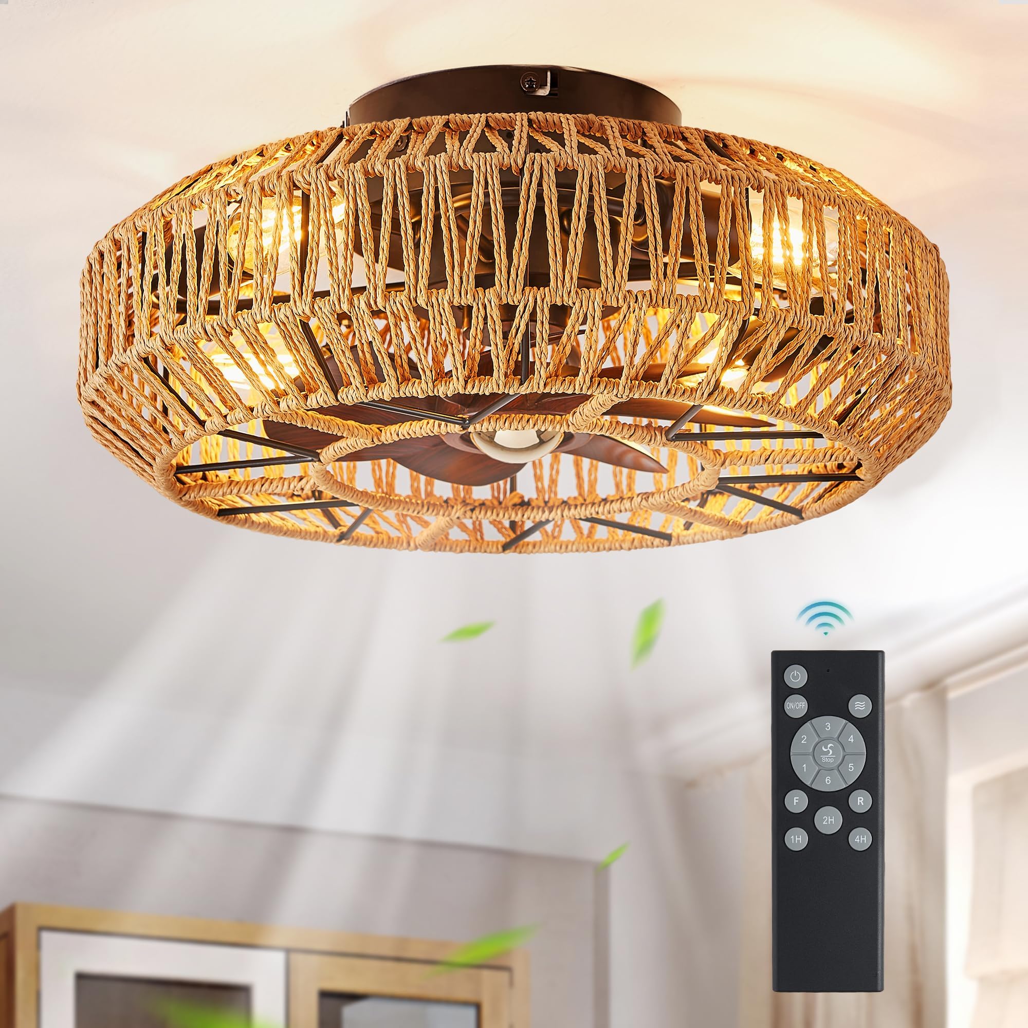 shitougu 20Inch Flush Mount Boho Ceiling Fans with Lights, Rattan Caged Ceiling Fan with Light ...