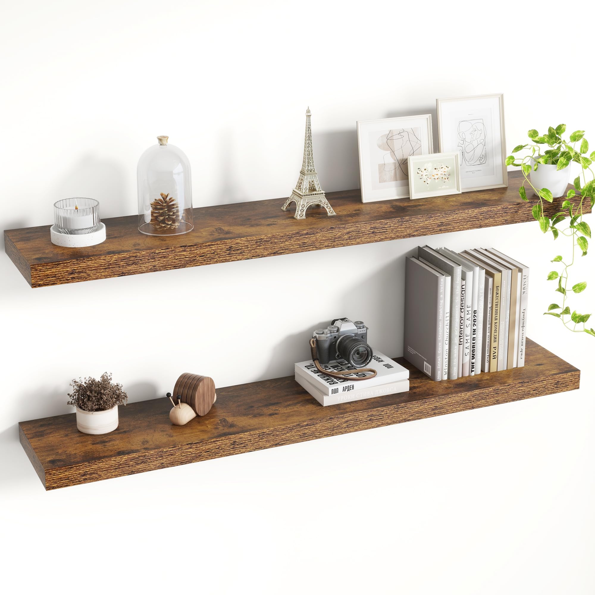Acovy Floating Shelves for Wall, Extra Deep 100cm Long Wooden Wall Mounted Shelf, Wall Shelves for Living Room Bathroom Bedroom Kitchen, Brown, Set of 2