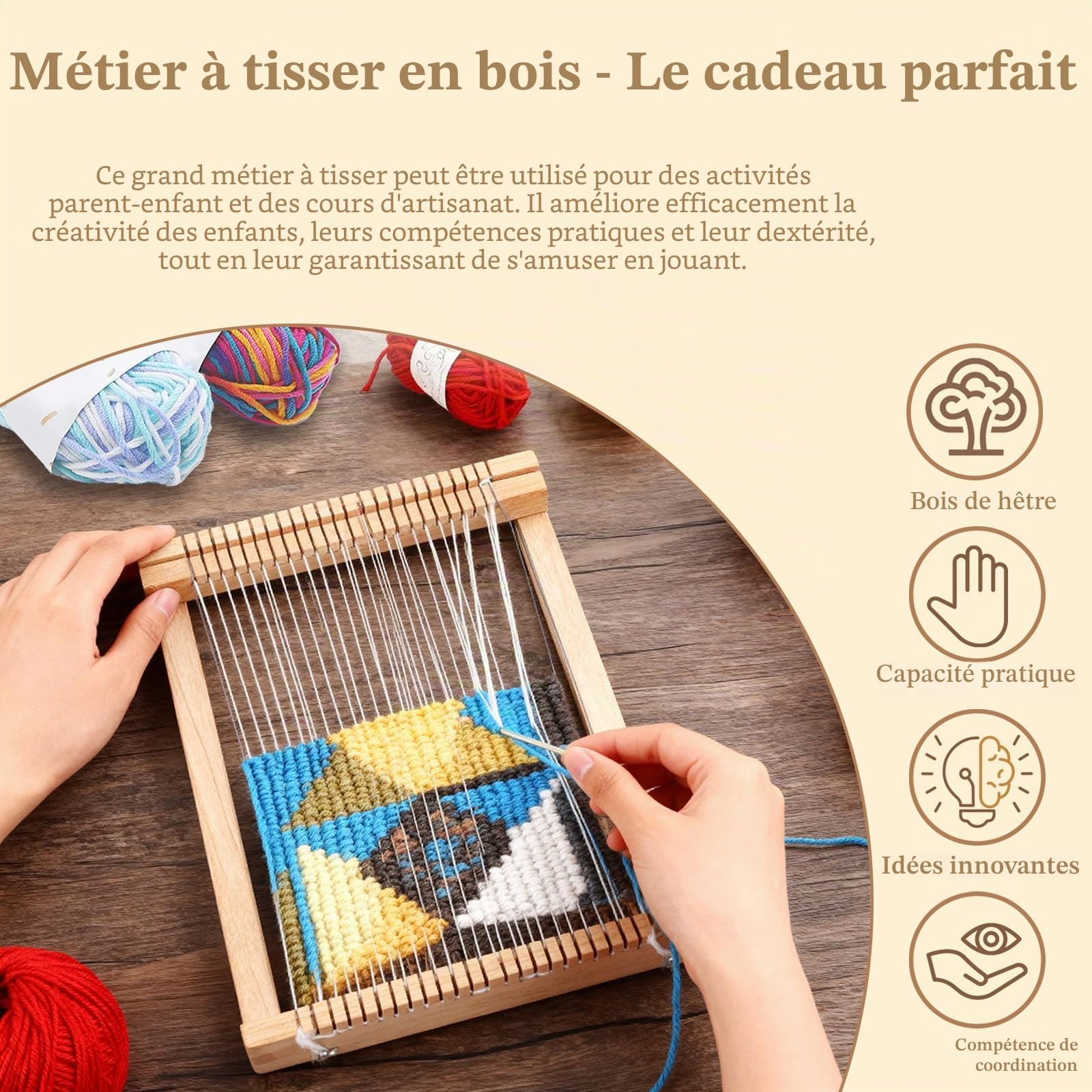 INNAL Kit de Métier à Tisser Enfant 29x19x3cm Cadre à Tisser en Bois Jouet Tissage en Bois avec Laine Multicolore Ciseaux Navette pour Débutants et Enfants Activité Manuelle Créative