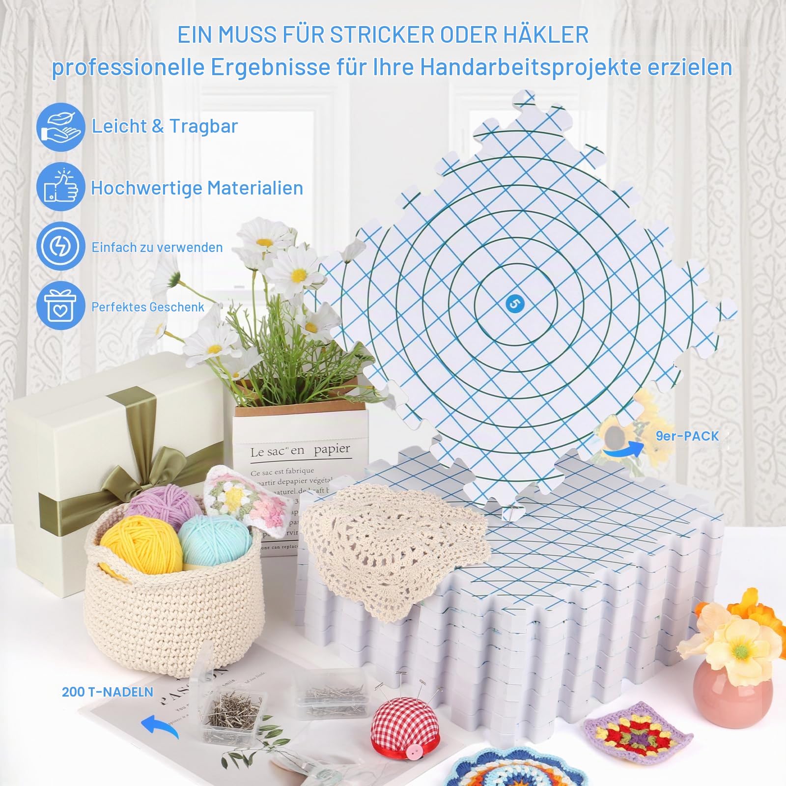 Aeelike Spannmatten Stricken mit 200 T-Nadeln, Extra Dicken Blocking Mats mit Nadelkissen, 9 Stück Matten Zum Spannen mit Raster, Spannmatte-Set für Granny Square Spannen und Häkeln Handarbeiten Lace