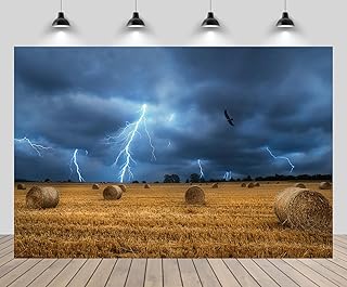 7x5ft Lightning Backdrop Agricultural Field with Straw Bales and Lightning Bolts Force of Nature Landscape Background Weather Adventure Theme Party Decor Kids Adults Photo Shoot Props