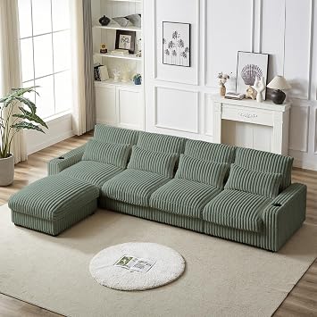 126" Oversized Modular Corduroy Couch with Cup Holders, Convertible 4-Seater Sofa Bed with USB Charge Port & Back Cushions, Upholstered L-Shaped Sectional with Movable Ottoman for Living Room, Green