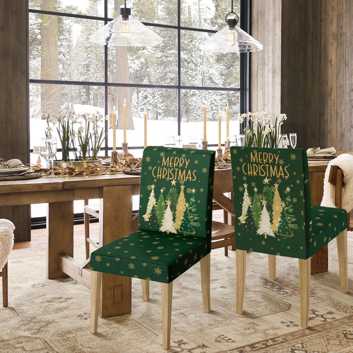 Horaldaily 8PCS Christmas Dining Green Chair Covers, Christmas Pine Tree Stars Stretch Removable Washable Slipcover Chair Protector for Dining Room Home Decor