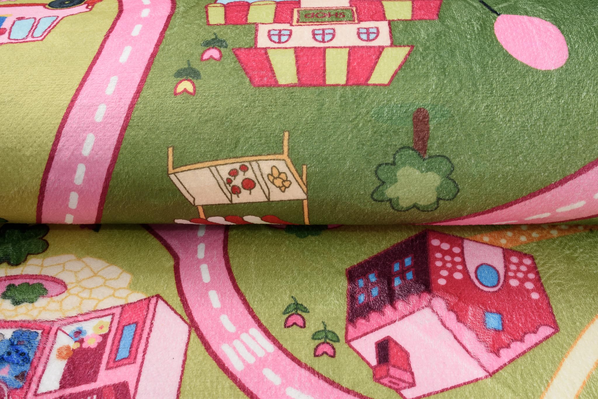 TAPISO Flannel Tapis Chambre Enfant Bébé Fille Garçon Antidérapant Lavable Rose Vert Bleu Blanc Tapis de Jeux Voiture Circuit Route Ville Poils Ras Oeko-TEX Résistant 120 x 170 cm