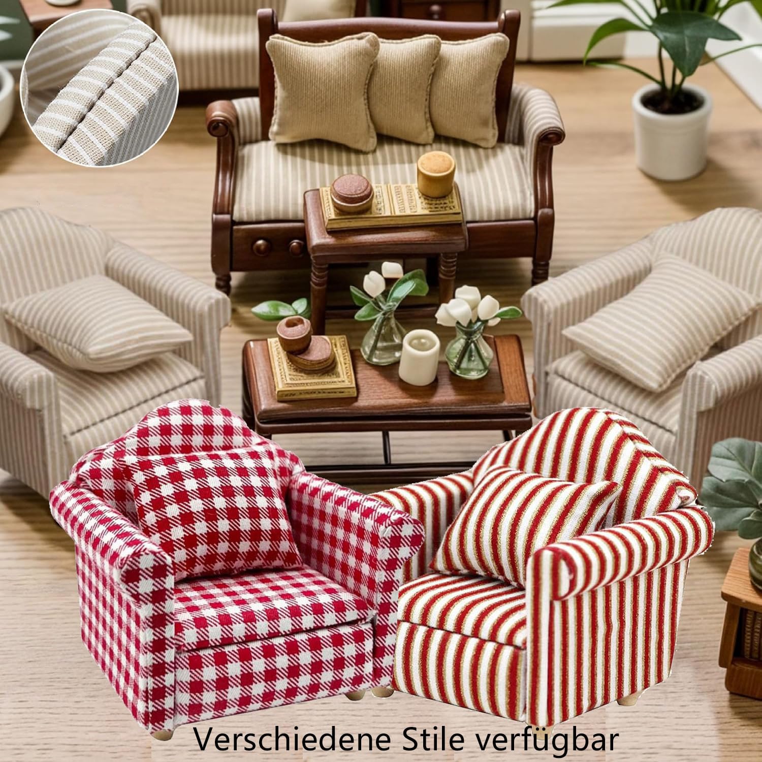 LATRAT Sofá para casa de muñecas, casa de muñecas, modelo de muebles en miniatura, tela con estampado floral, sofá con cojín, accesorios, diseño LATRAT Sofá para casa de muñecas, casa de muñecas, modelo de muebles en miniatura, tela con estampado floral, sofá con cojín, accesorios, diseño