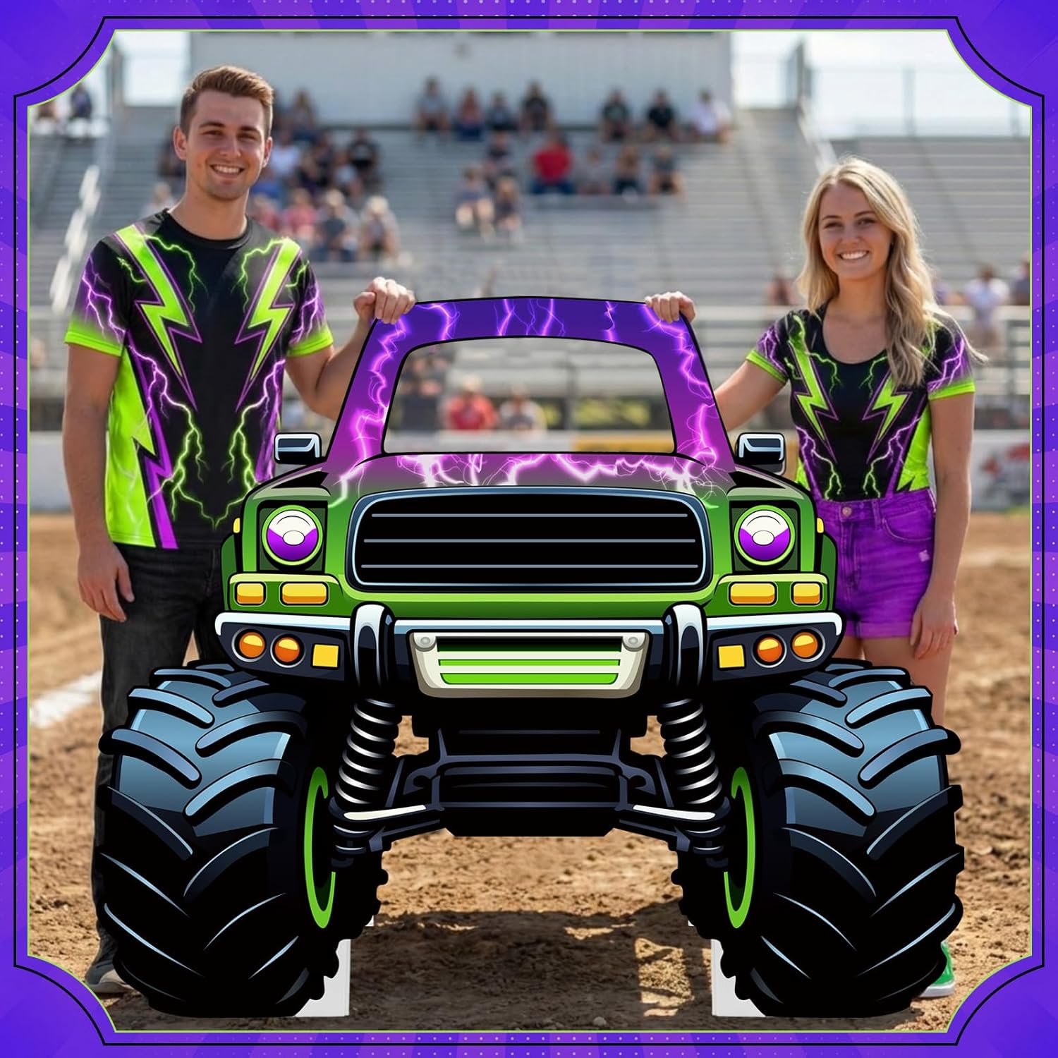 Capoda Monster Truck Cardboard Photo Prop 60x48 Inch Large Racing Car Photo Cutout Stand Up Backdrop with Face Hole Flame Off-Road Vehicle Prop for Birthday Party Decorations (Purple Truck)