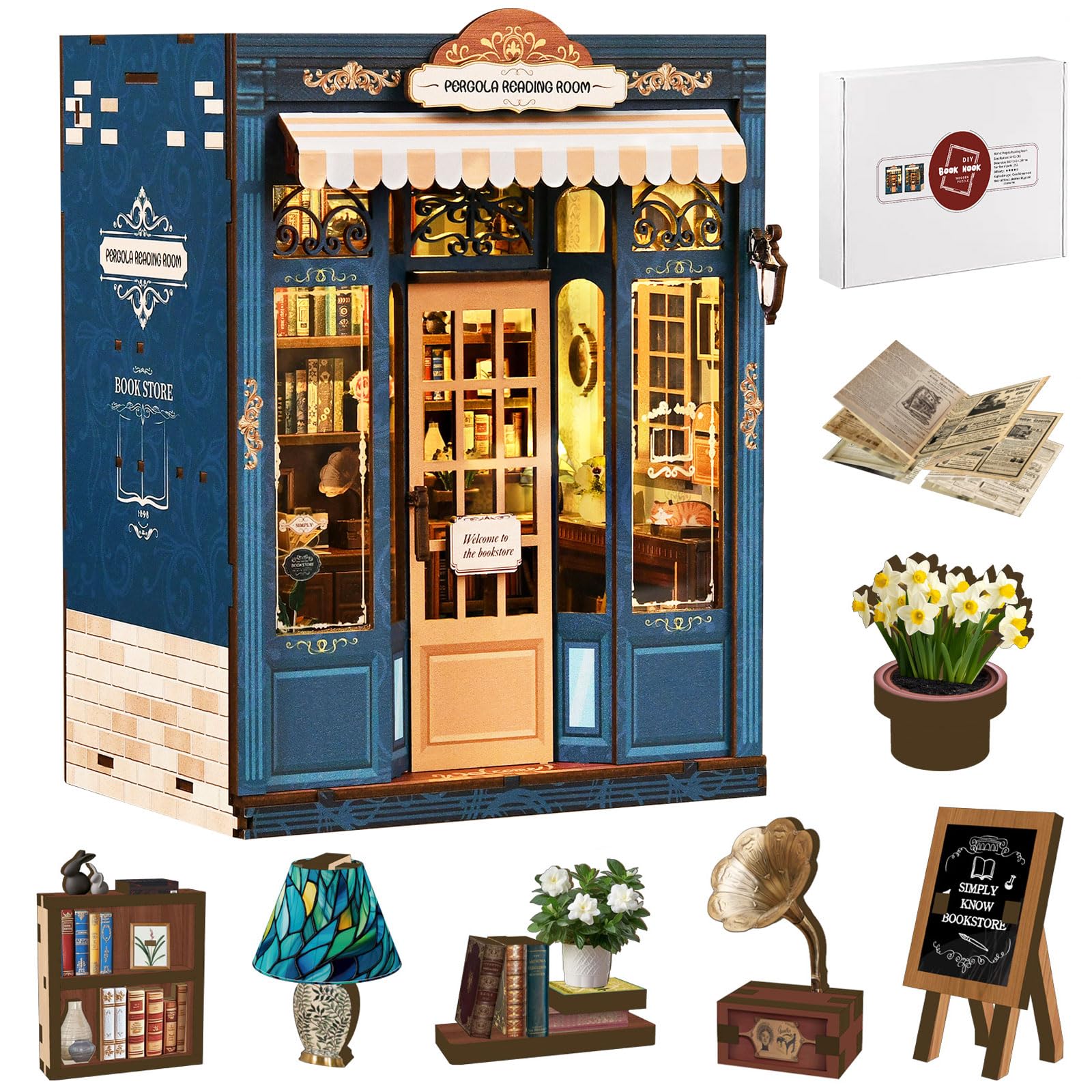 Shrike Book Nook Kit - miniaturowy domek dla lalek, drewniane puzzle 3D, podpórka pod książkę z oświetleniem LED, regał na książki i dekoracja domu, dla fanów majsterkowania, rodziny i przyjaciół