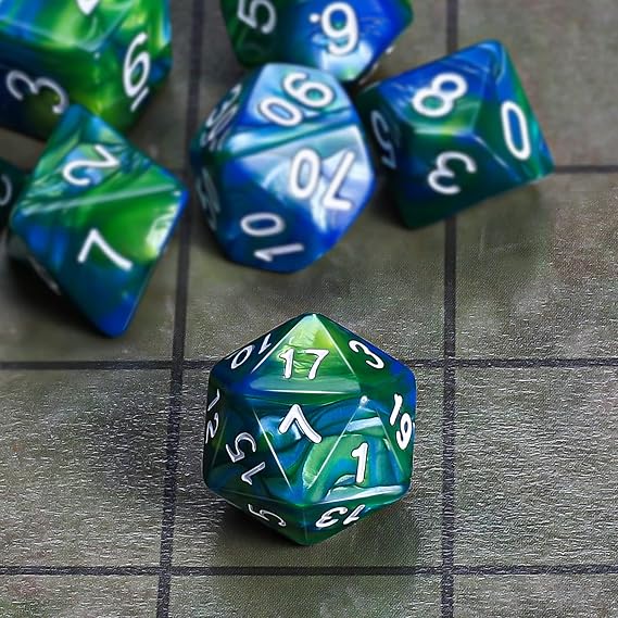 QMAY DND Dice - 7 Pcs Polyhedral Dice Set for D&D (Blue mixed Green) | Acrylic Role Playing Dice with Black Velvet Bag for Dungeon and Dragons MTG RPG D&D D20, D12, D10, D%, D8, D6, D4