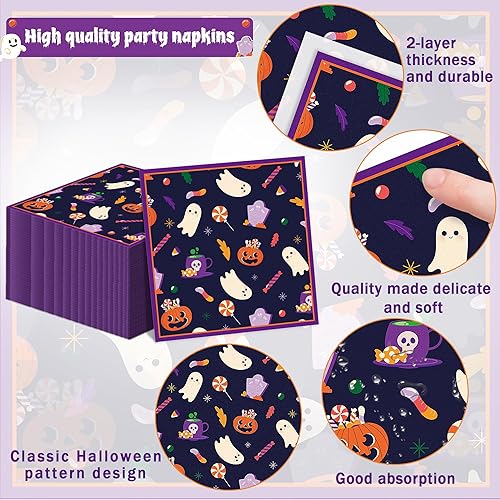 Miniatura 4 de Juego de 202 piezas de vajilla desechable para fiesta de cumpleaños de Halloween, color morado, para 24 platos de calabaza, tazas, manteles de