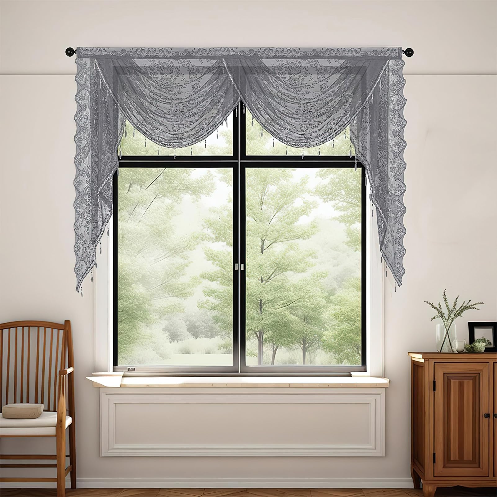 apott Grey Swag Valance for Windows Waterfall Valance Curtains Beaded Voile Swags Small Lace Drapes for Living Room Bedroom Party 59x 41 Inch - Image 3