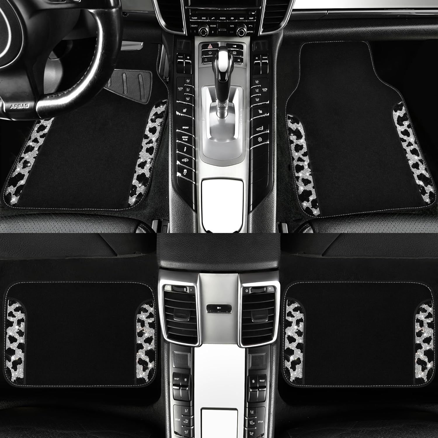 CAR PASS Leather Cow Bling Diamond Car Seat Covers Front & Rhinestone Carpet Car Floor Mats & Sparkly Steering Wheel Cover 15' Interior Sets Universal Fit for 95% Auto SUV Sedan Cute Girl Women(Cow) - Image 4