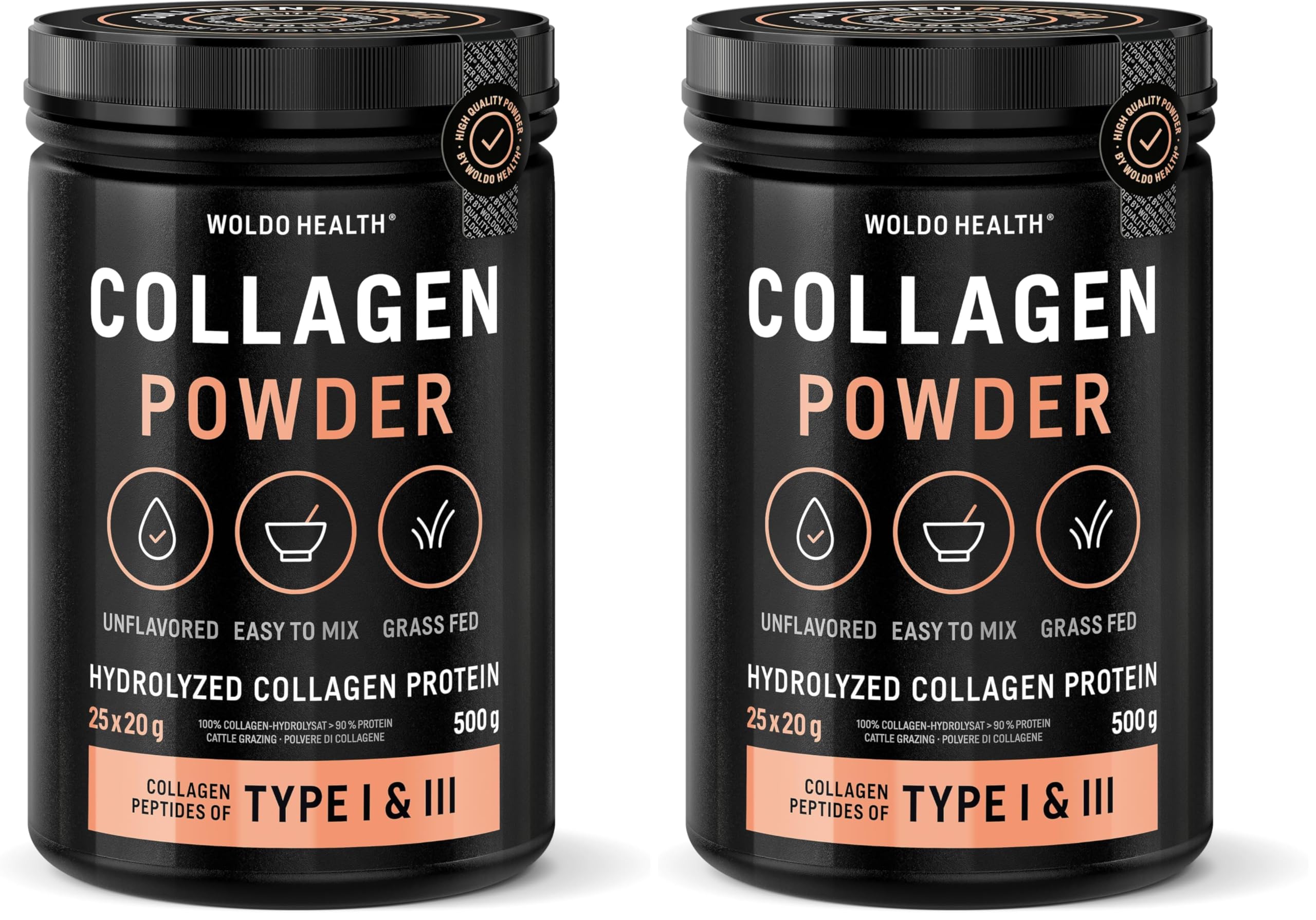WoldoHealth Kollagen Pulver 500g Typ I & III - Hydrolysiertes Collagen Protein Peptide, Rinderkollagen aus Weidehaltung, Geschmacksneutral & Leicht Löslich, Ohne Zusatzstoffe (Packung mit 2)