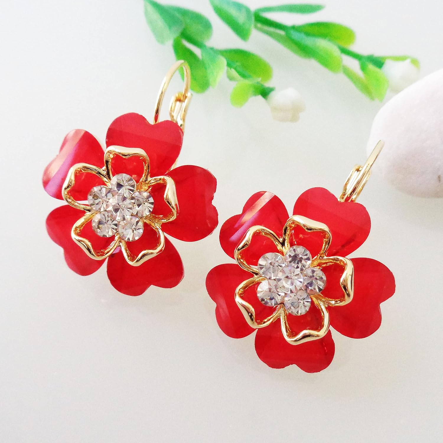 Navachi 18k Gold Plated White Crystal Acetate Blooming Flowers Leverback Earrings - Image 4