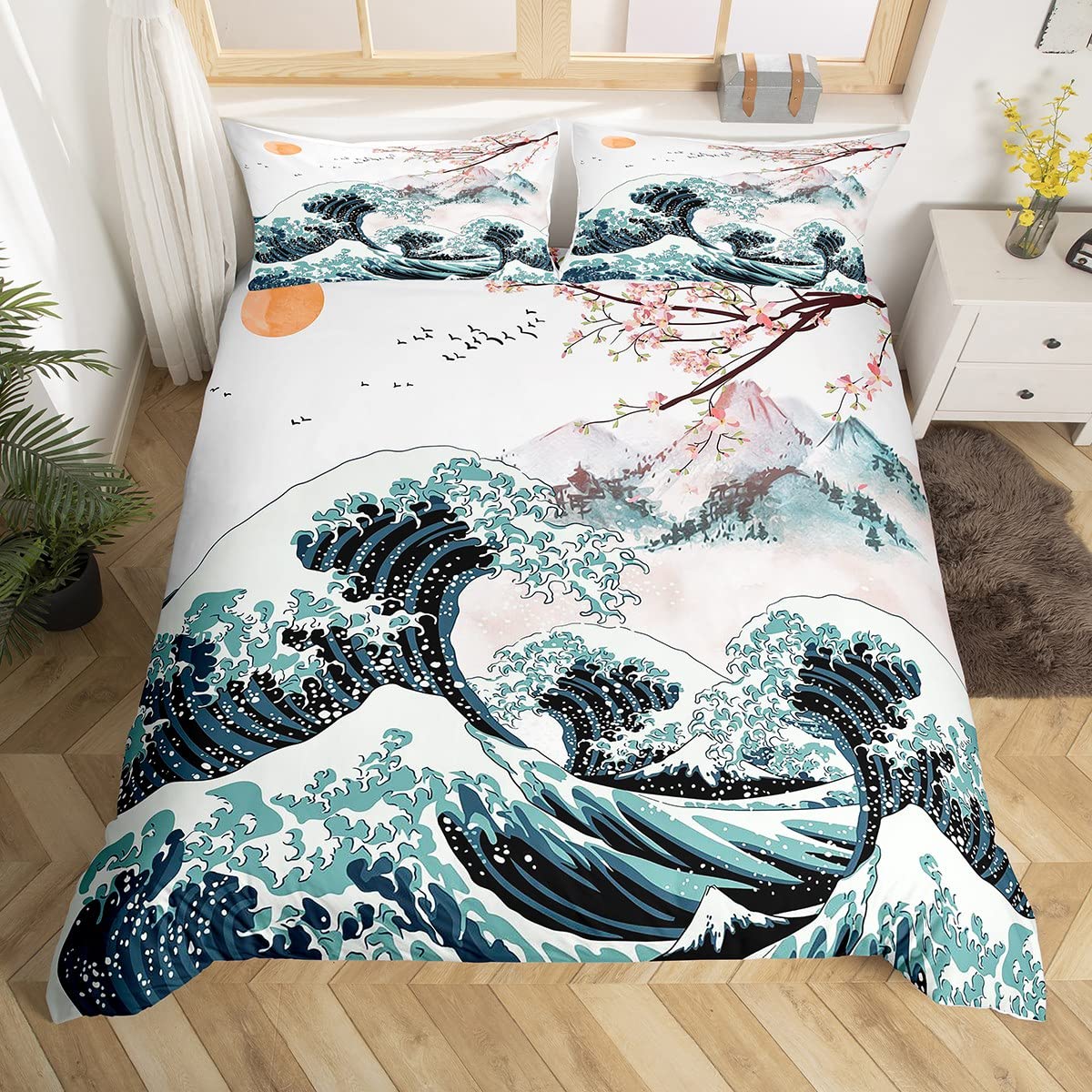 Cherry Blossom Bedding Set Double Japan Mount Fuji Duvet Cover Japanese Sea Waves Comforter Cover Botanical Flower Branches Quilt Cover For Boys Child Kids Ukiyoe Theme Ethnic Kawaii Room Decor