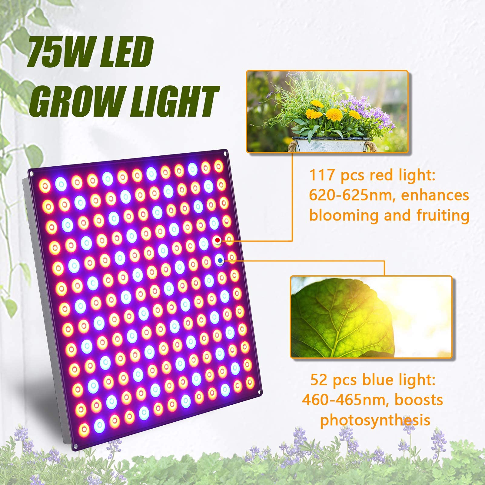 Luces de Cultivo en Interiores, luz de Cultivo LED, Luces de Plantas de 75 vatios para Plantas de Interior Lámpara de Cultivo de Panel Rojo Azul para Plantas de semillero y Flores