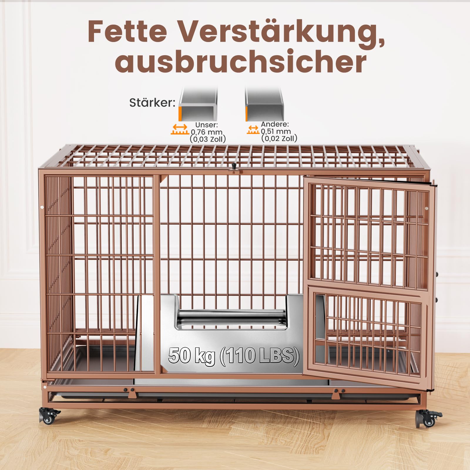 Gardner Pet Hundekäfig faltbar, 82 x 52 x 56 cm, Braun | 3 Türen, Transportkäfig für kleine Hunde mit Höhenangst, Feststellbare Räder, Herausnehmbare Bodenschale