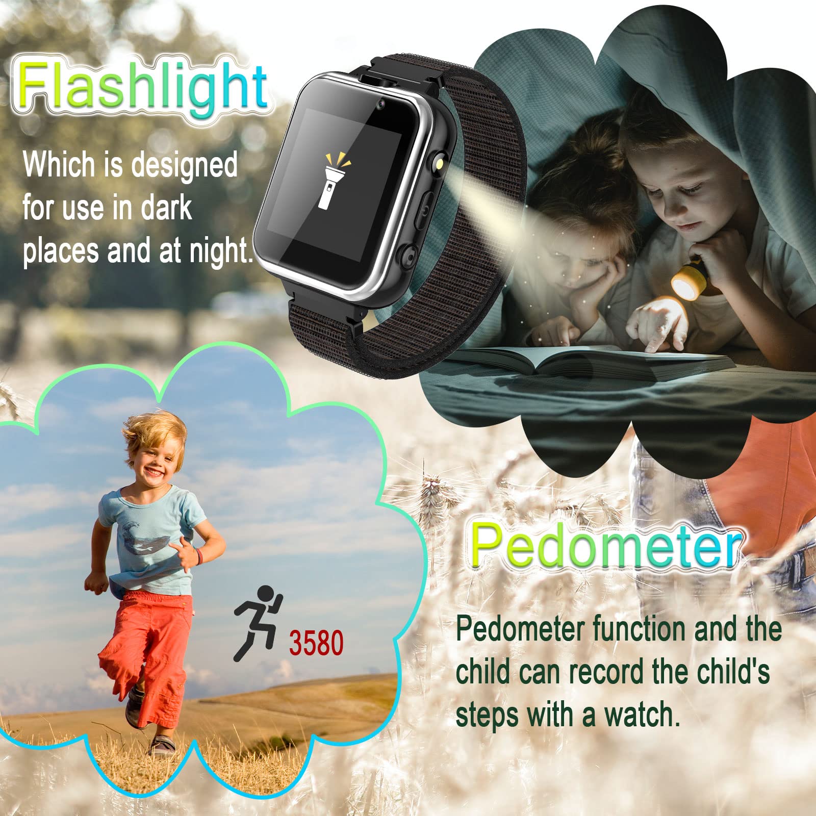 PTHTECHUS Enfants Smartwatch - Enfant SOS Lecteur de Musique Montres Appareil Photo Numérique Téléphone Mobile Montre Cadeau Enfants pour Filles Garçons