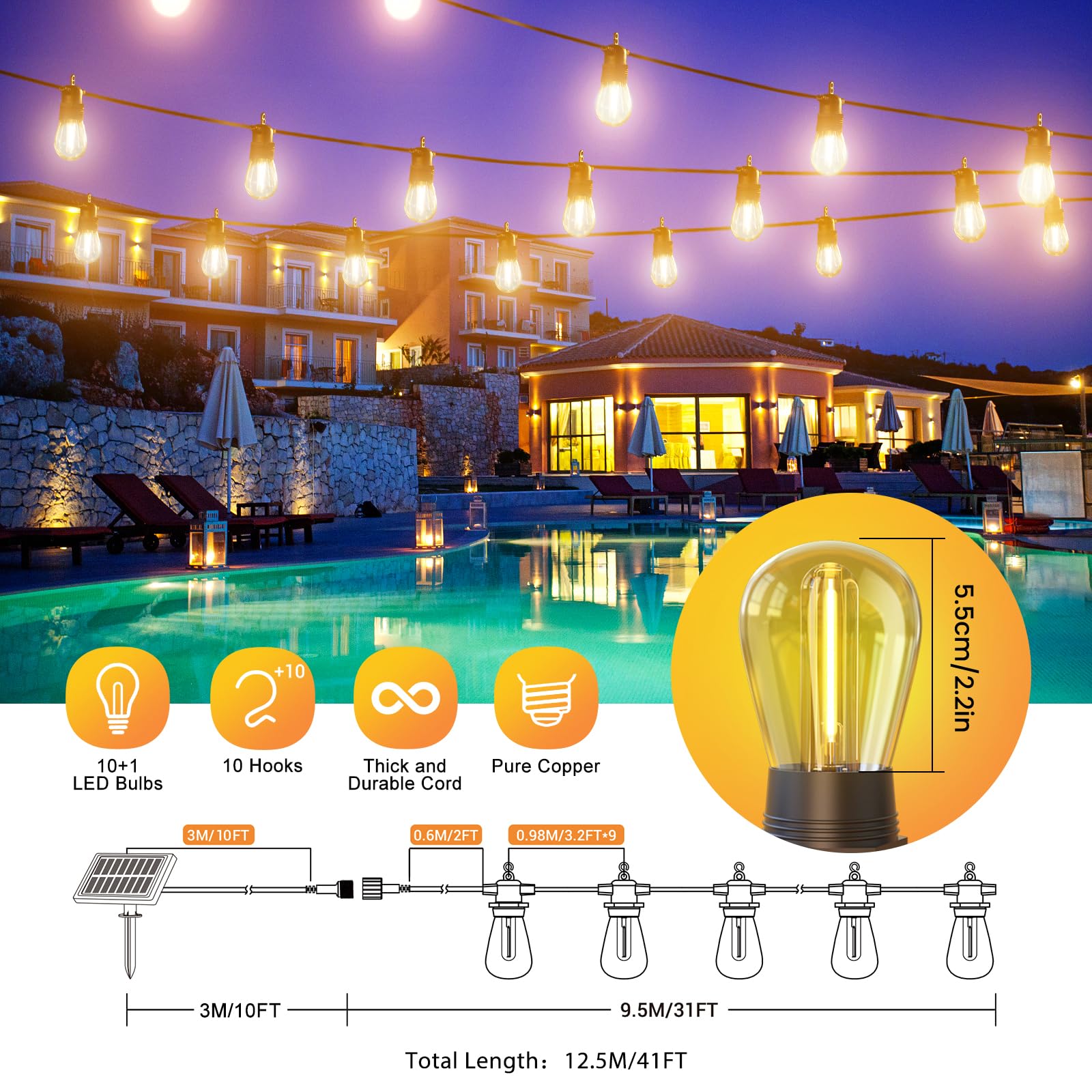 GlobaLink 10+1 LED 12,5M Catena Luminosa Esterno con Telecomando Dimmerabile, IP65 Cavo Solare per Esterni, Metodo di ricarica USB/Solar, 4 Modalità, di Luce LED per Giardino, Balcone, Terrazza