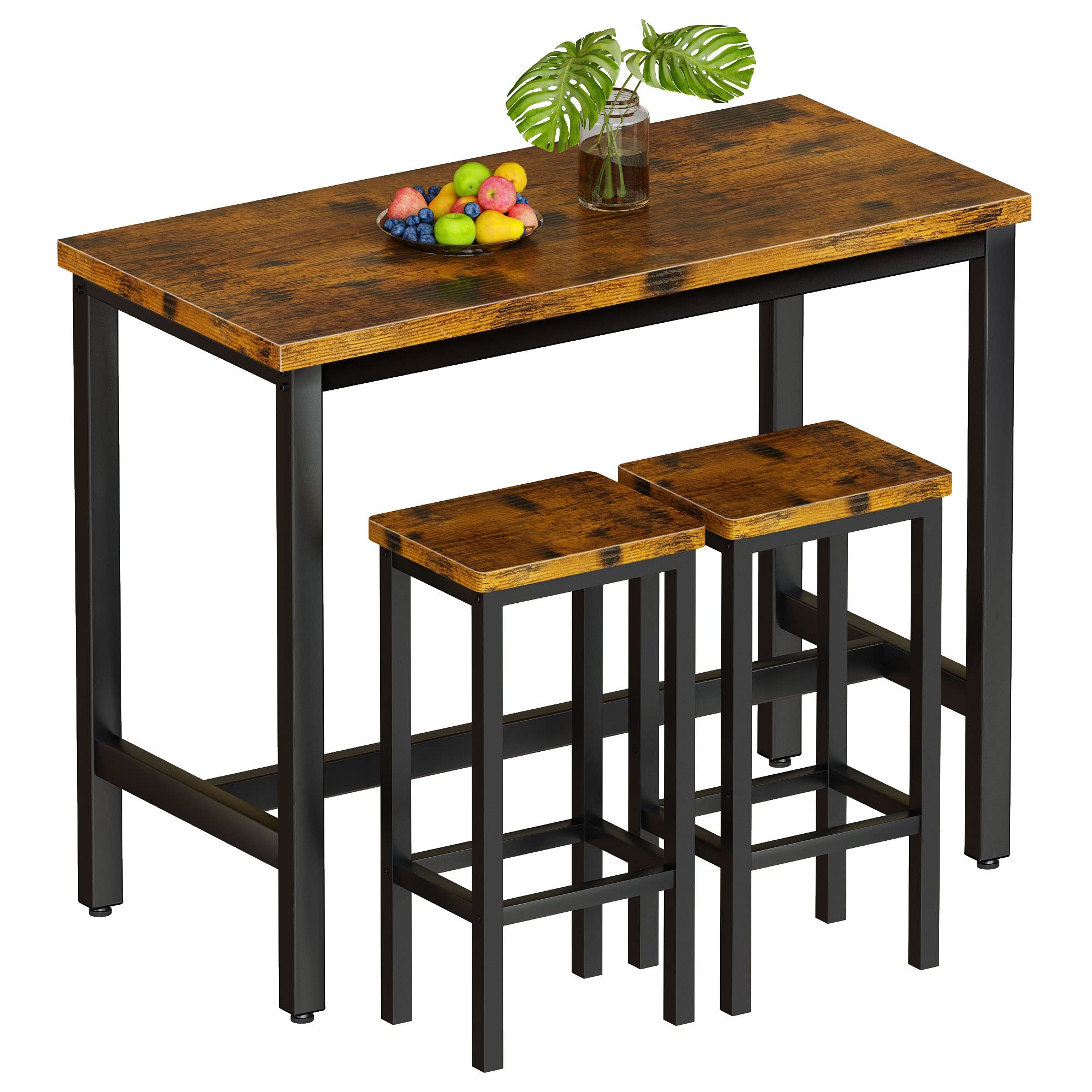 Lamerge 47.2" Bar Table Set,Pub Heigh Table with 2 Square Stools,Dining Table Set,Kitchen Counter with Bar Chairs,for Kitchen, Living Room/Sofaside,Small Space,Rustic Brown and Black