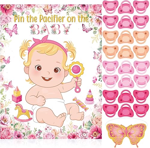 Miniatura 27 de Faccito Juego pon el chupón para baby shower Decoraciones para fiesta de baby shower Incluye póster grande 24 pegatinas de chupete Juego con venda