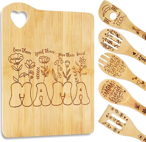 JarThenaAMCS Tabla de cortar de madera de bambú para cocina con cucharas quemadas, mesas para picar, juego de utensilios de cocina grabados, regalo