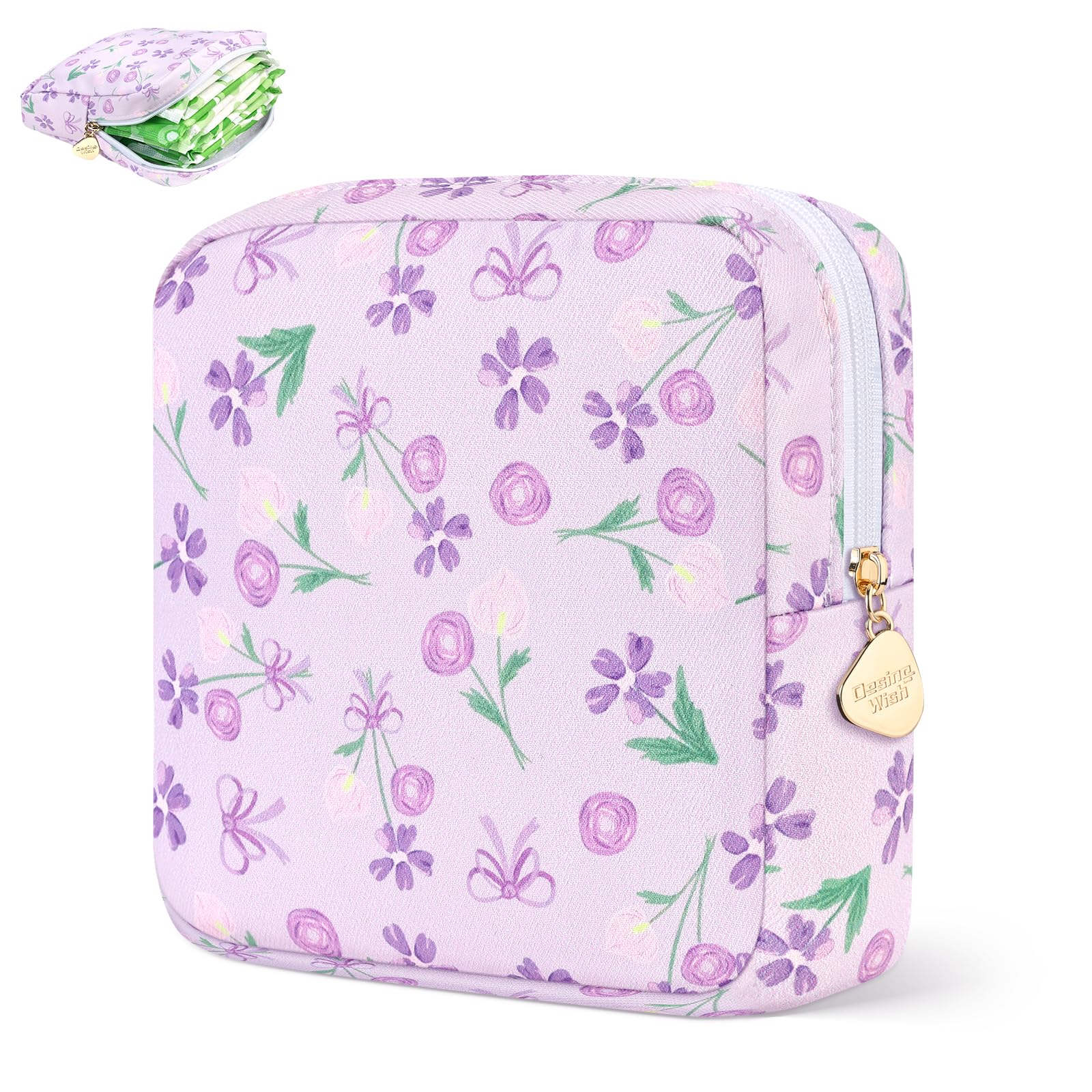 Sanitary Pad Storage Bag Portable Period Bag for Teen Pads/Sanitary Napkins/Small Tampons, Sanitary Napkin Storage Bag First Period Gifts for Teen Girls (Purple Flower Bowknot)