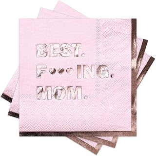 RUSPEPA 50 Pcs Mother's Day Napkin Paper, 3 Ply Disposable Pink with Rose Gold Foil "Best F*king Mom" Deisgn Luncheon Cocktail Dinner Paper Napkins for Mother's Day, Mom's Dinner, 5 x 5 Inch