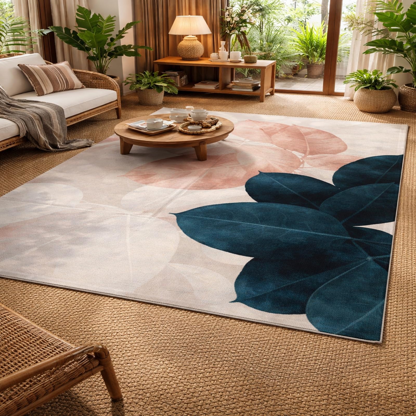 Tapis de salon lavable et facile d'entretien aux motifs floraux