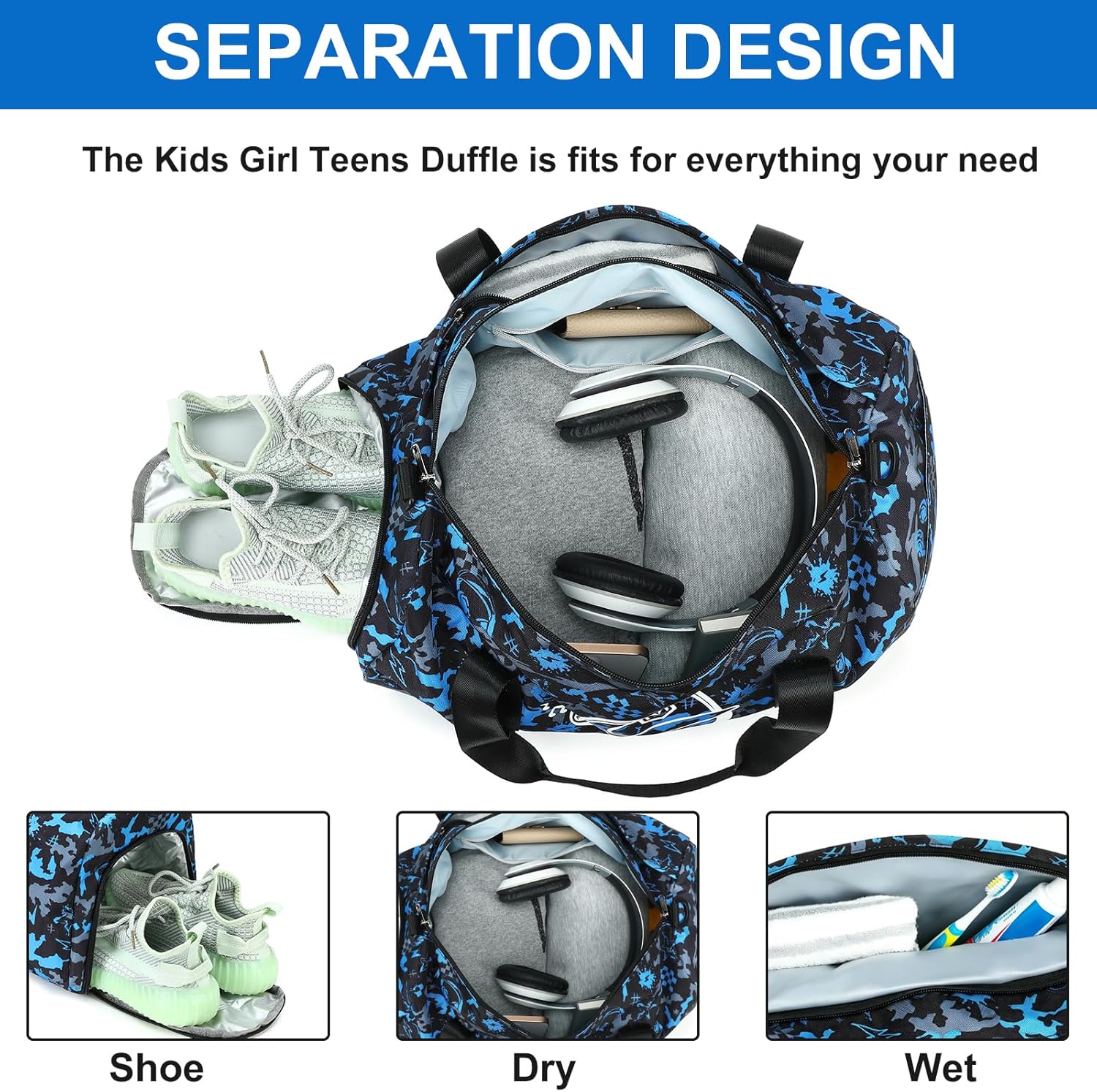 Kids Duffle Bag for Boys Water Resistant Small Gym Bag Overnight Weekender Travel Tote with Shoe Compartment and Wet Pocket (Blue-Black)