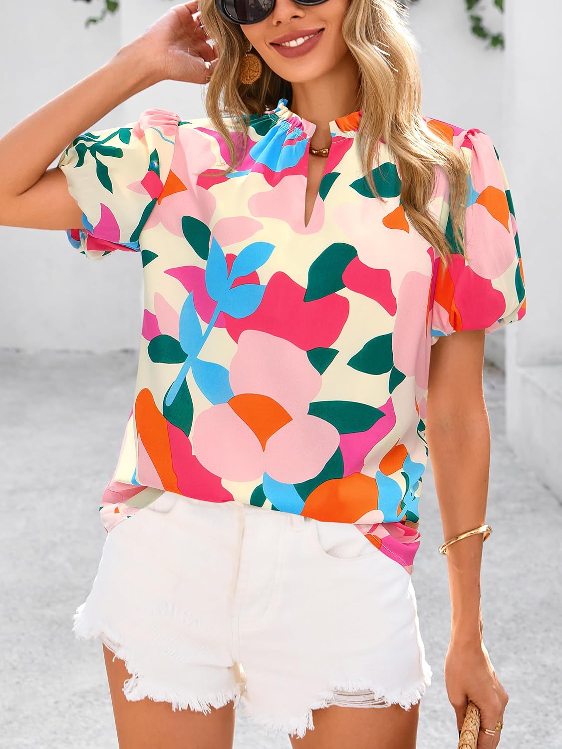 MASCOMODA Boho Short Sleeve Floral Work Blouses for Women Dressy Casual V Neck Puff Sleeve Loose Chiffon Flowy Tops Shirts - Image 3