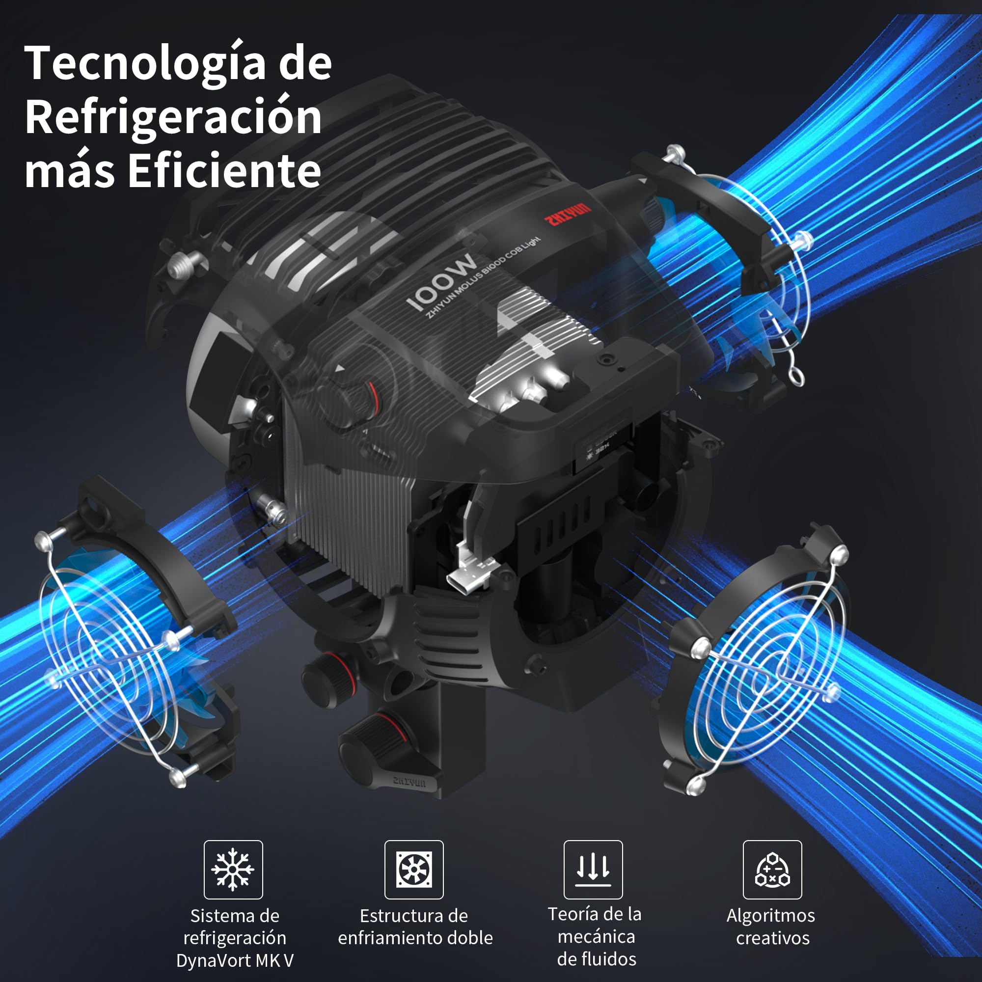 ZHIYUN Molus B100 [Oficial] Luz de Video de 100 W, luz de Video LED COB con Soporte Bowens, luz de Estudio de Dos Tonos, 20600LUX/1M/2700K-6500K/ CRI ≥96/ TLCI ≥96/ Control de aplicación, 13 Efectos