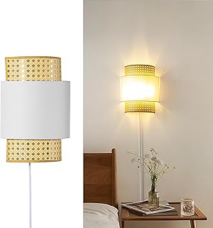 SUNLLOK Bamboo Plug in Wall Sconces, Farmhouse Bathroom Vanity Light Boh...