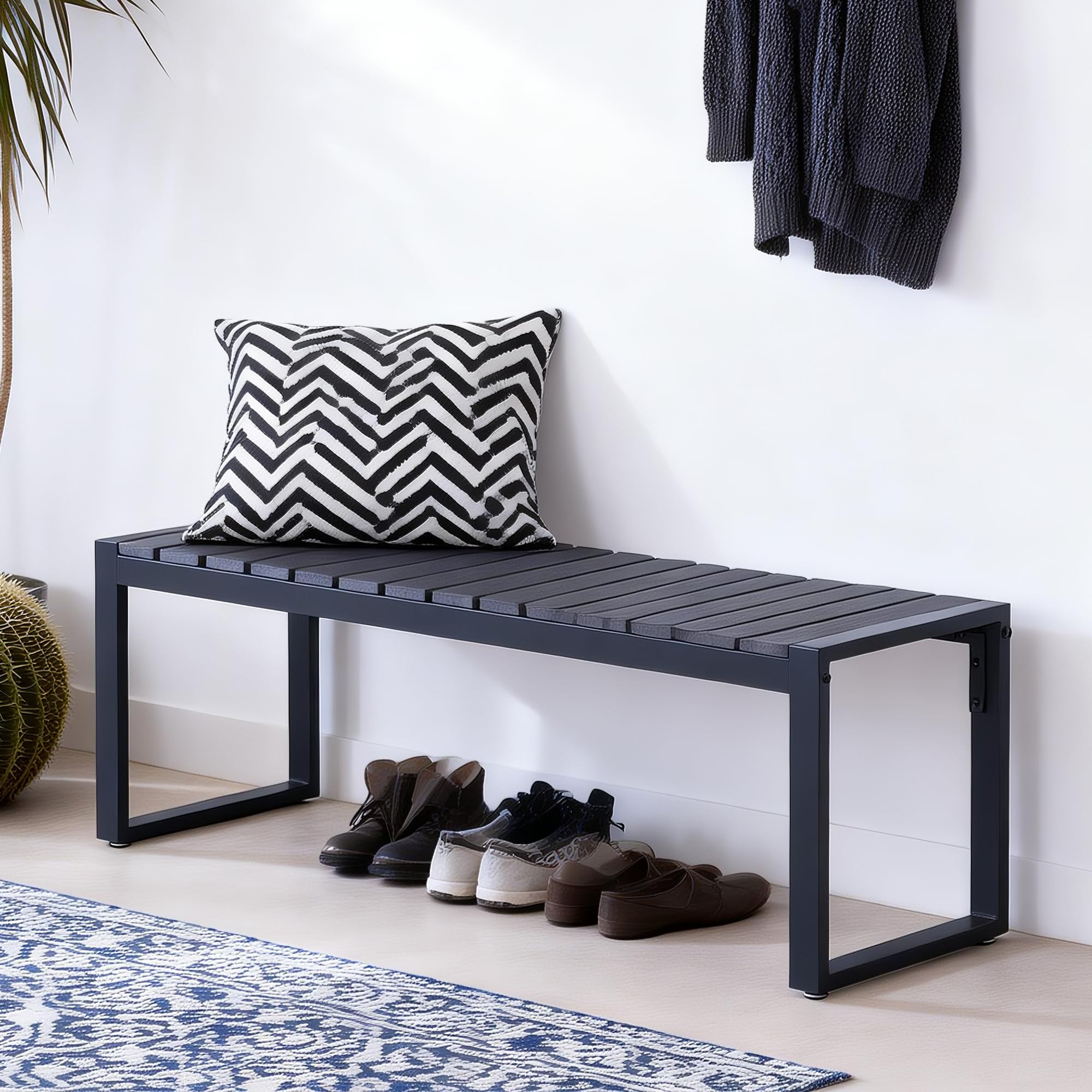 Mingone 2 Sitzer Gartenbank Wetterfest, Schwarz 120 x 40 x 45 cm | Bank Outdoor , Holz & Metall,Für Garten Balkon & Flur, Sitzbank 200 kg Belastbarkeit