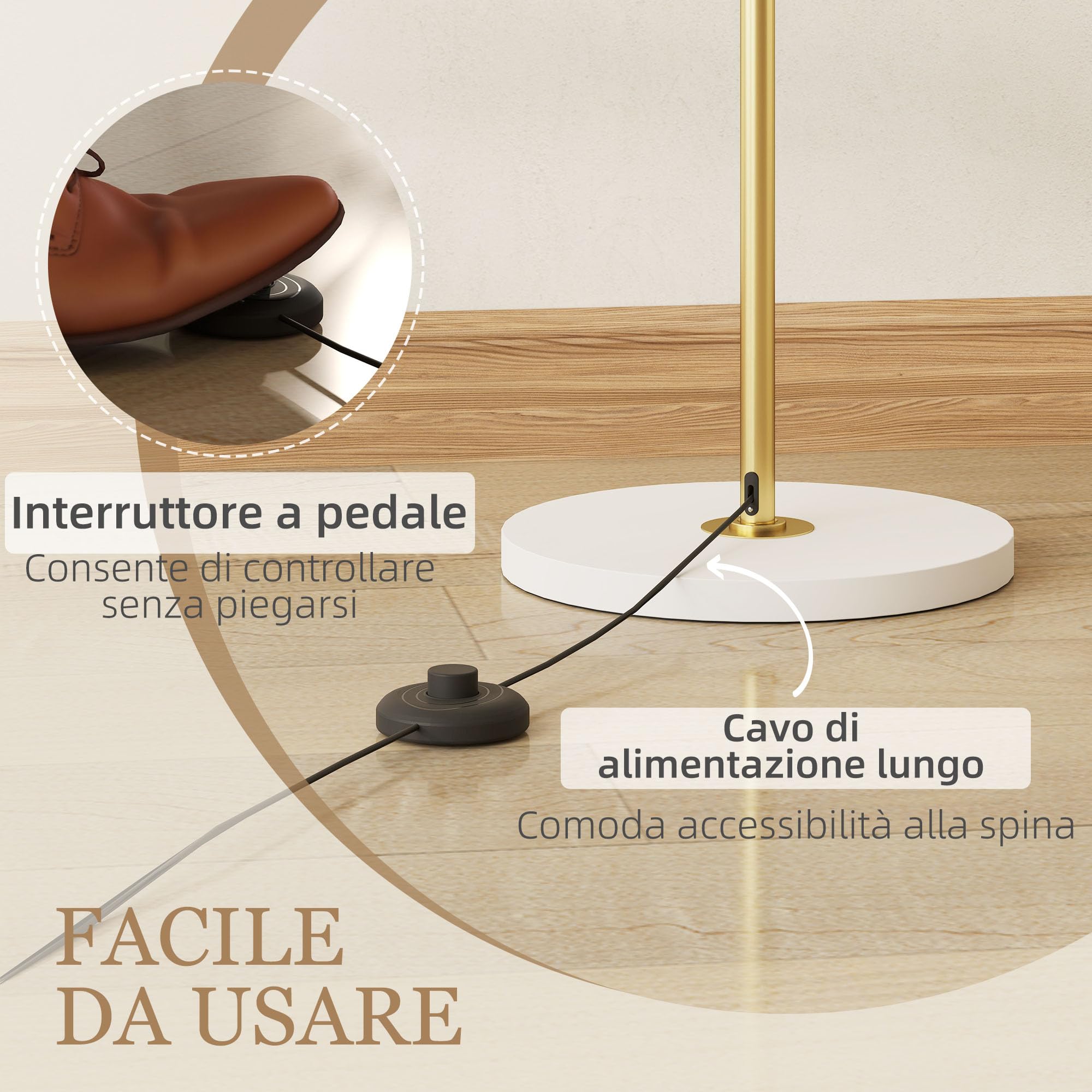 HOMCOM Lampada da Terra Moderna Luce LED Dimmerabile 3 Luminosità Oro | Lampada a Piantana, Paralume in Acrilico, Interruttore a Pedale, per Camera da Letto e Soggiorno